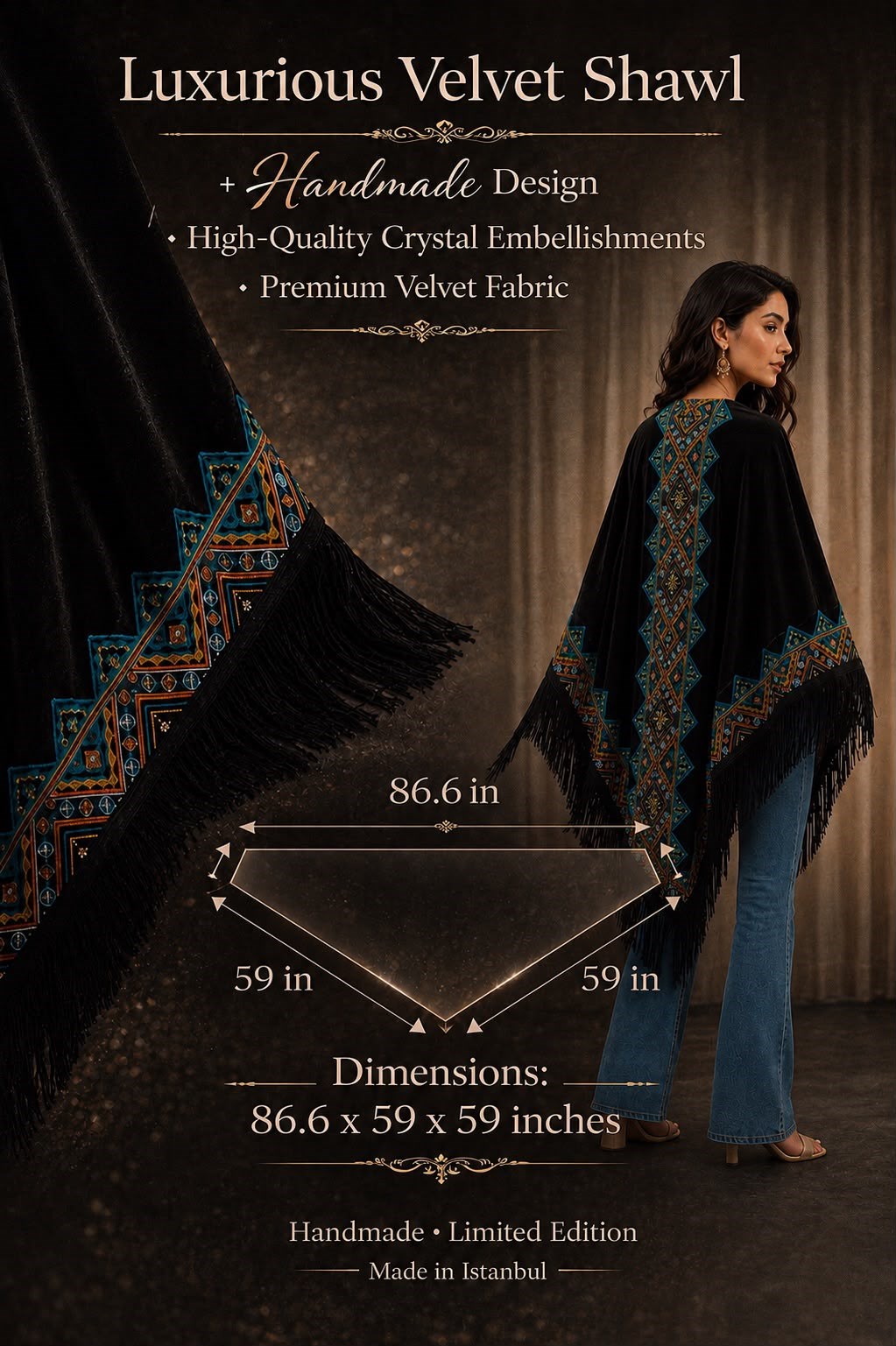 Siyah Kadife Etnik Desenli Püsküllü Üçgen Şal uygun fiyatlarda www.butikhola.com adresinde