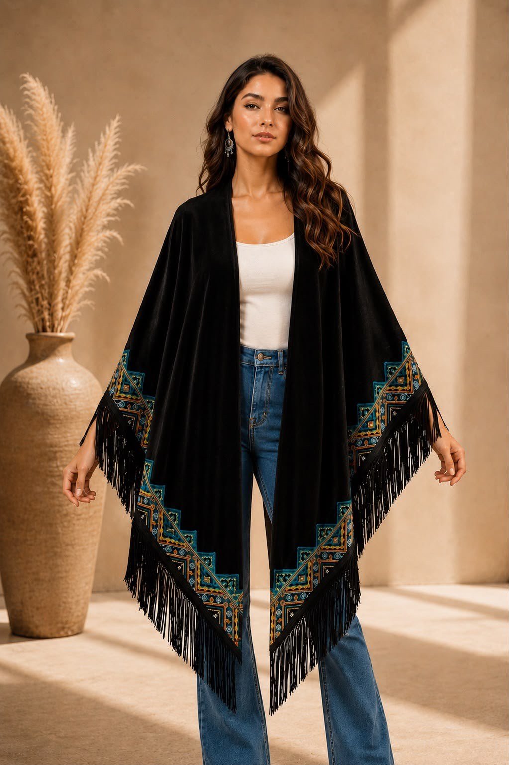 Siyah Kadife Etnik Desenli Püsküllü Üçgen Şal uygun fiyatlarda www.butikhola.com adresinde
