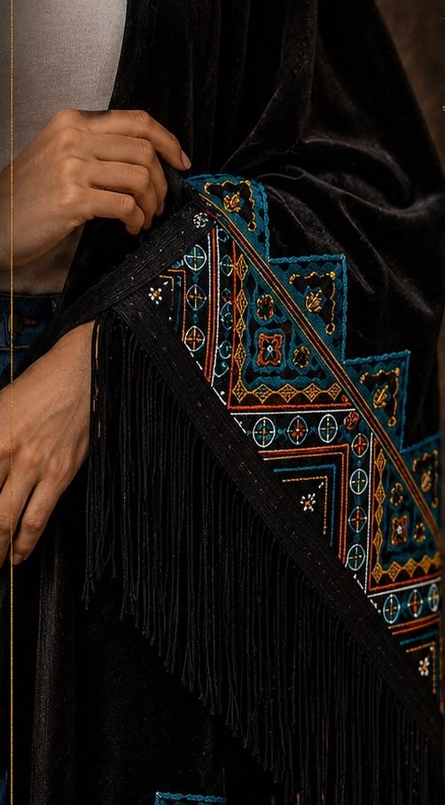 Siyah Kadife Etnik Desenli Püsküllü Üçgen Şal uygun fiyatlarda www.butikhola.com adresinde