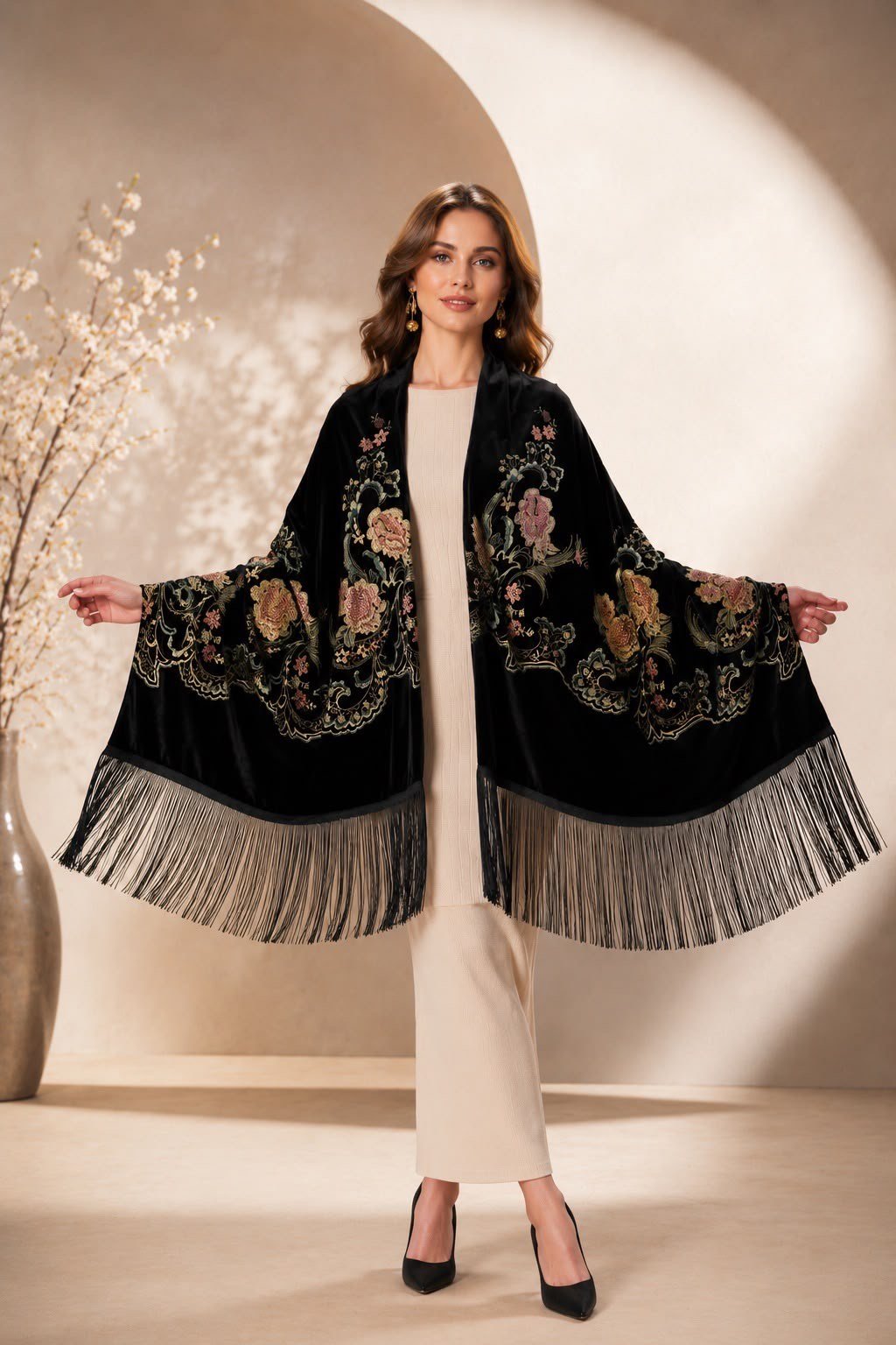 Siyah Kadife İşlemeli Püsküllü Şal uygun fiyatlarda www.butikhola.com adresinde
