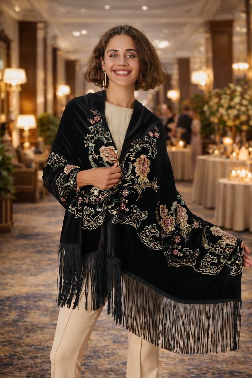 Siyah Kadife İşlemeli Püsküllü Şal uygun fiyatlarda www.butikhola.com adresinde
