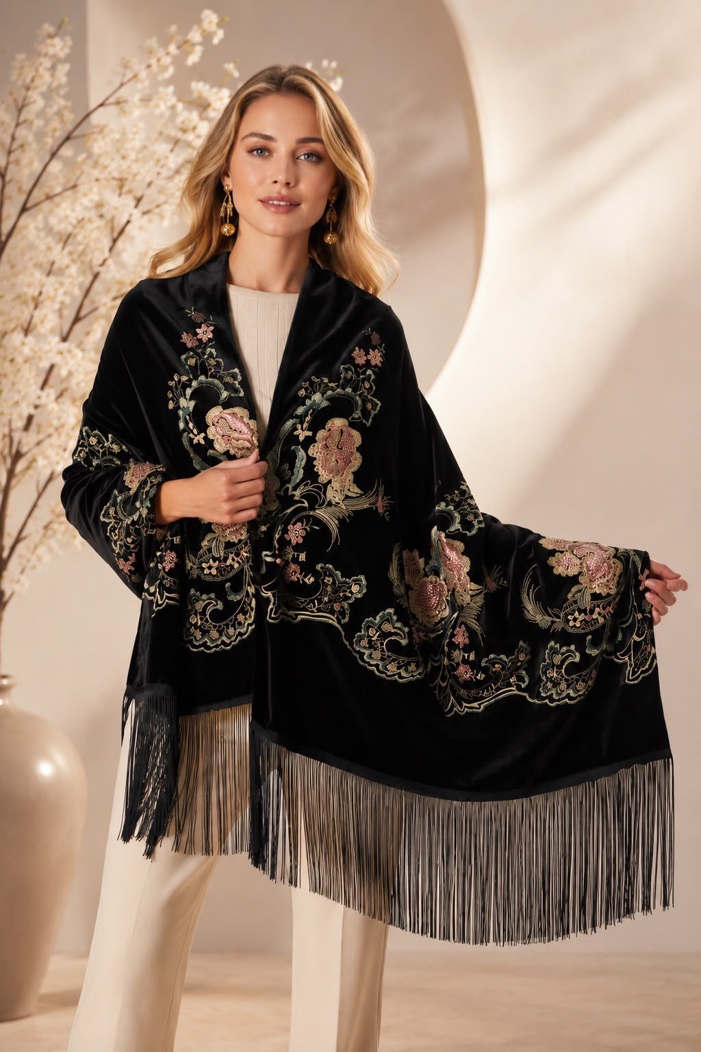 Siyah Kadife İşlemeli Püsküllü Şal uygun fiyatlarda www.butikhola.com adresinde