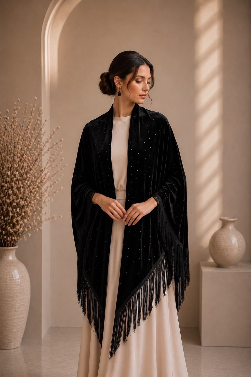 Siyah Kadife Taş Detaylı Dantel İşlemeli Püsküllü Üçgen Şal uygun fiyatlarda www.butikhola.com adresinde