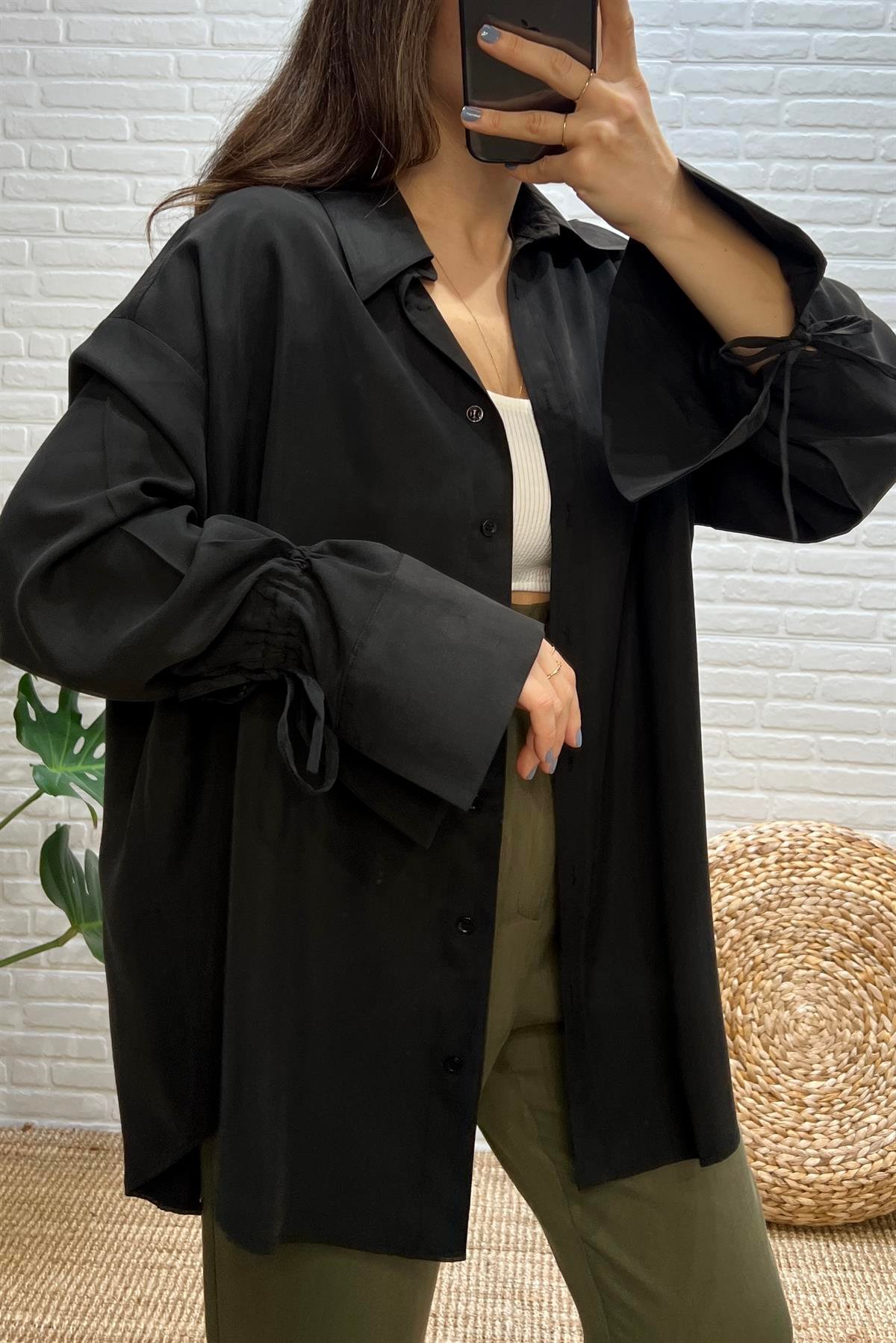 Siyah Kolu Bağlama Detaylı Tensel Gömlek uygun fiyatlarda www.butikhola.com adresinde