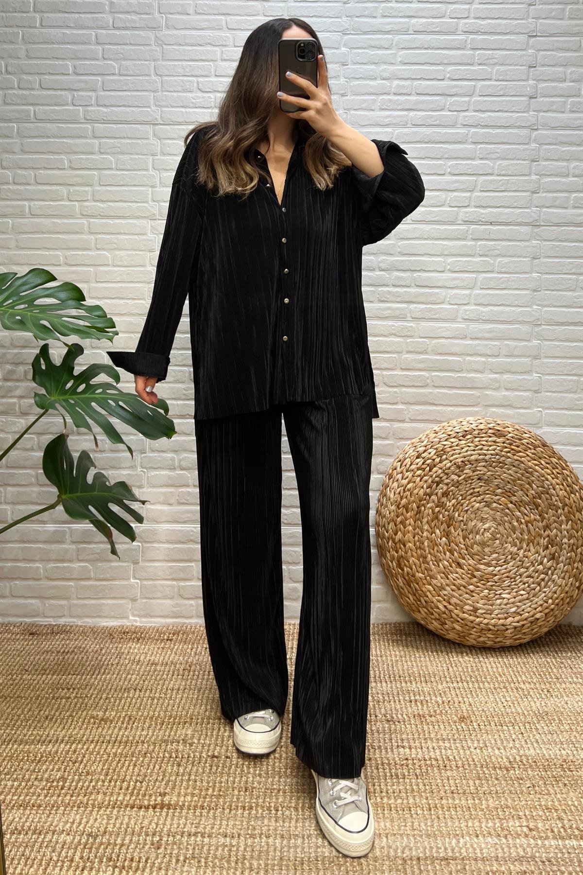 Siyah Krinkıl Kumaş Gömlek Pantolon Takım uygun fiyatlarda www.butikhola.com adresinde