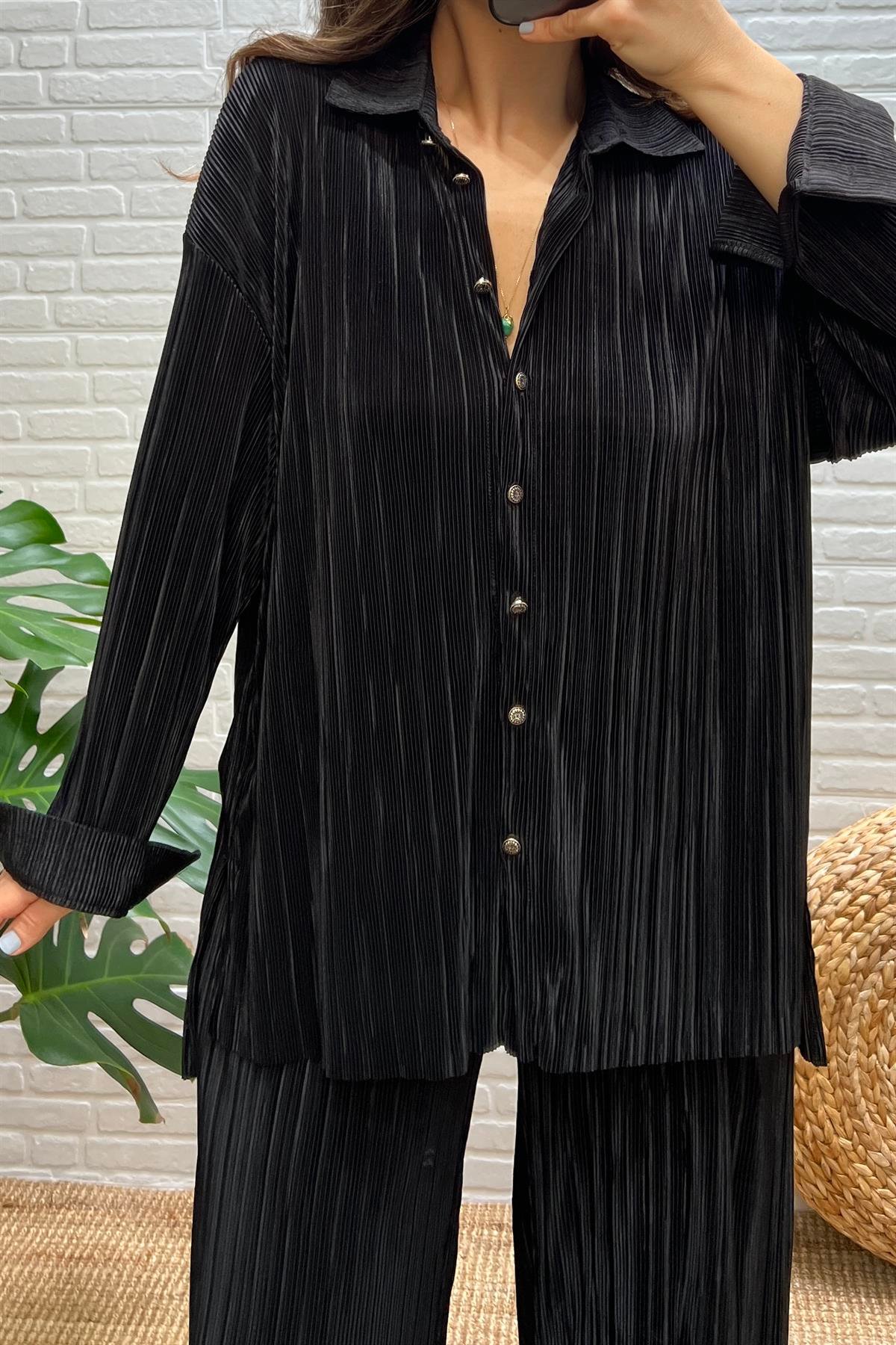 Siyah Krinkıl Kumaş Gömlek Pantolon Takım uygun fiyatlarda www.butikhola.com adresinde