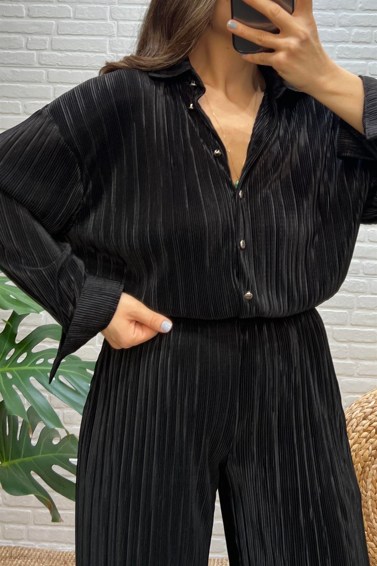 Siyah Krinkıl Kumaş Gömlek Pantolon Takım uygun fiyatlarda www.butikhola.com adresinde