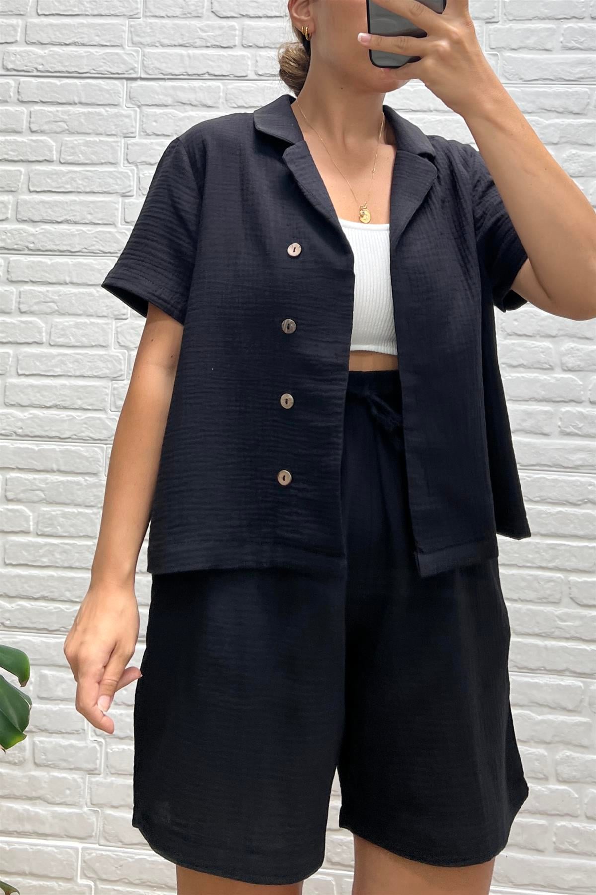 Siyah Müslin Şehir Boy Şort Gömlek Takım uygun fiyatlarda www.butikhola.com adresinde
