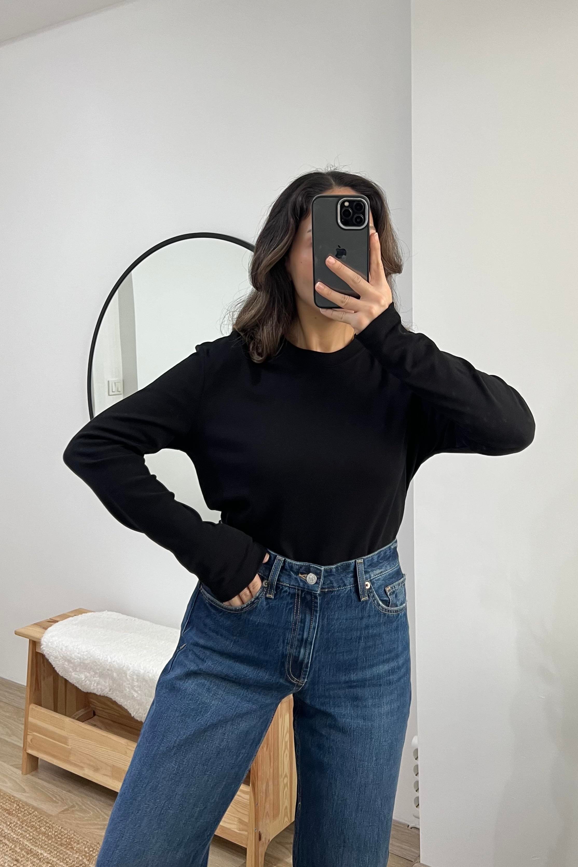 Siyah Organik Pamuklu Uzun Kollu Basic Tshirt uygun fiyatlarda www.butikhola.com adresinde