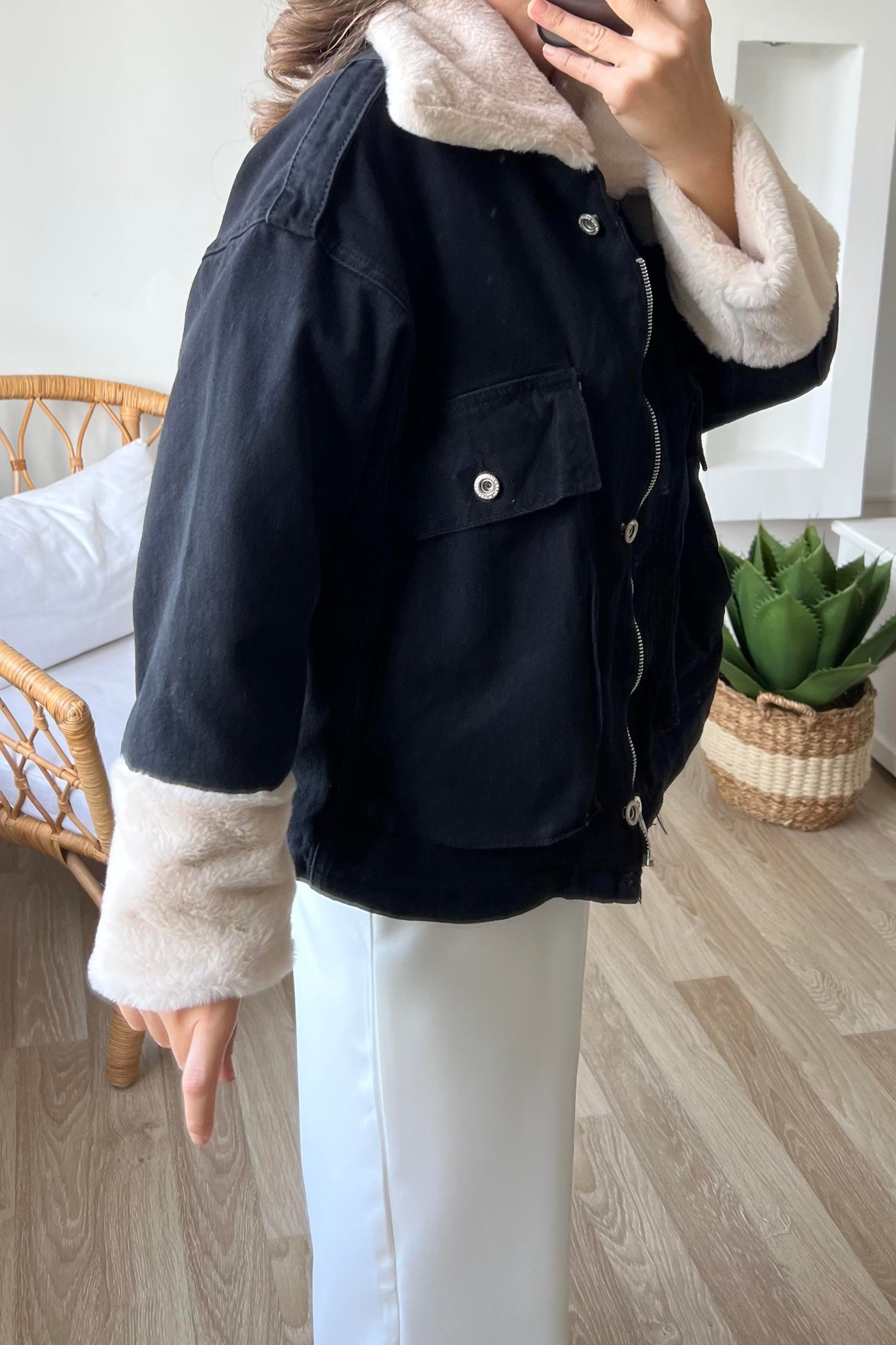 Siyah Premium İçi ve Yakası Kürklü Kot Mont uygun fiyatlarda www.butikhola.com adresinde