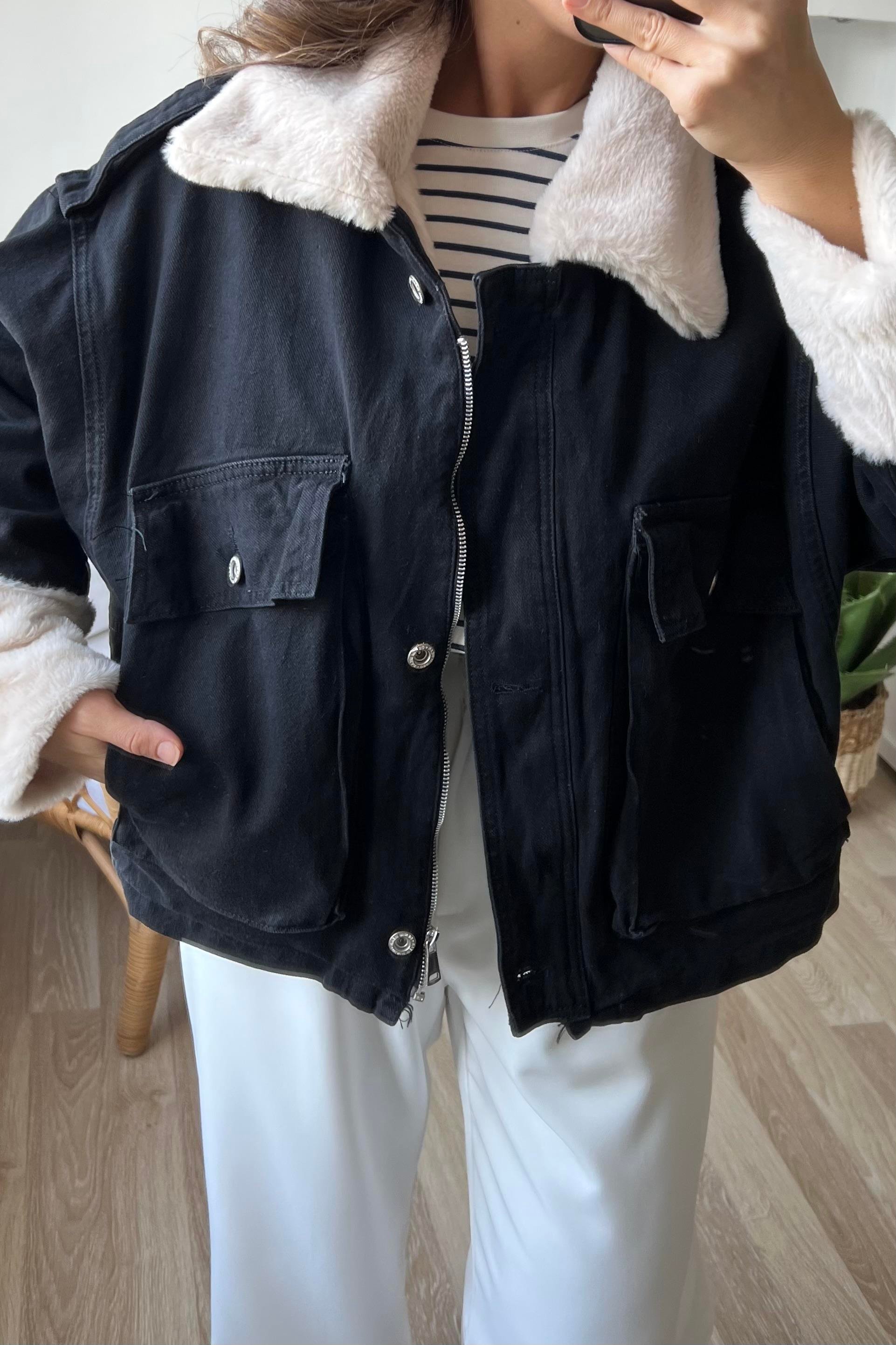 Siyah Premium İçi ve Yakası Kürklü Kot Mont uygun fiyatlarda www.butikhola.com adresinde