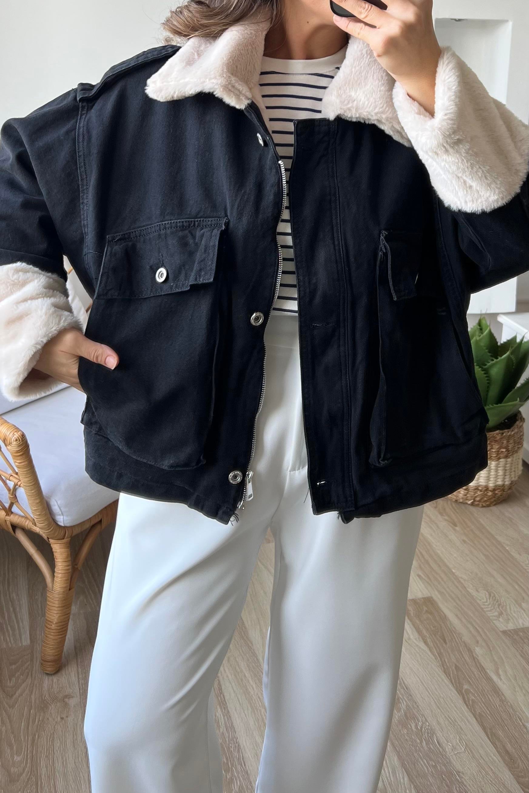 Siyah Premium İçi ve Yakası Kürklü Kot Mont uygun fiyatlarda www.butikhola.com adresinde