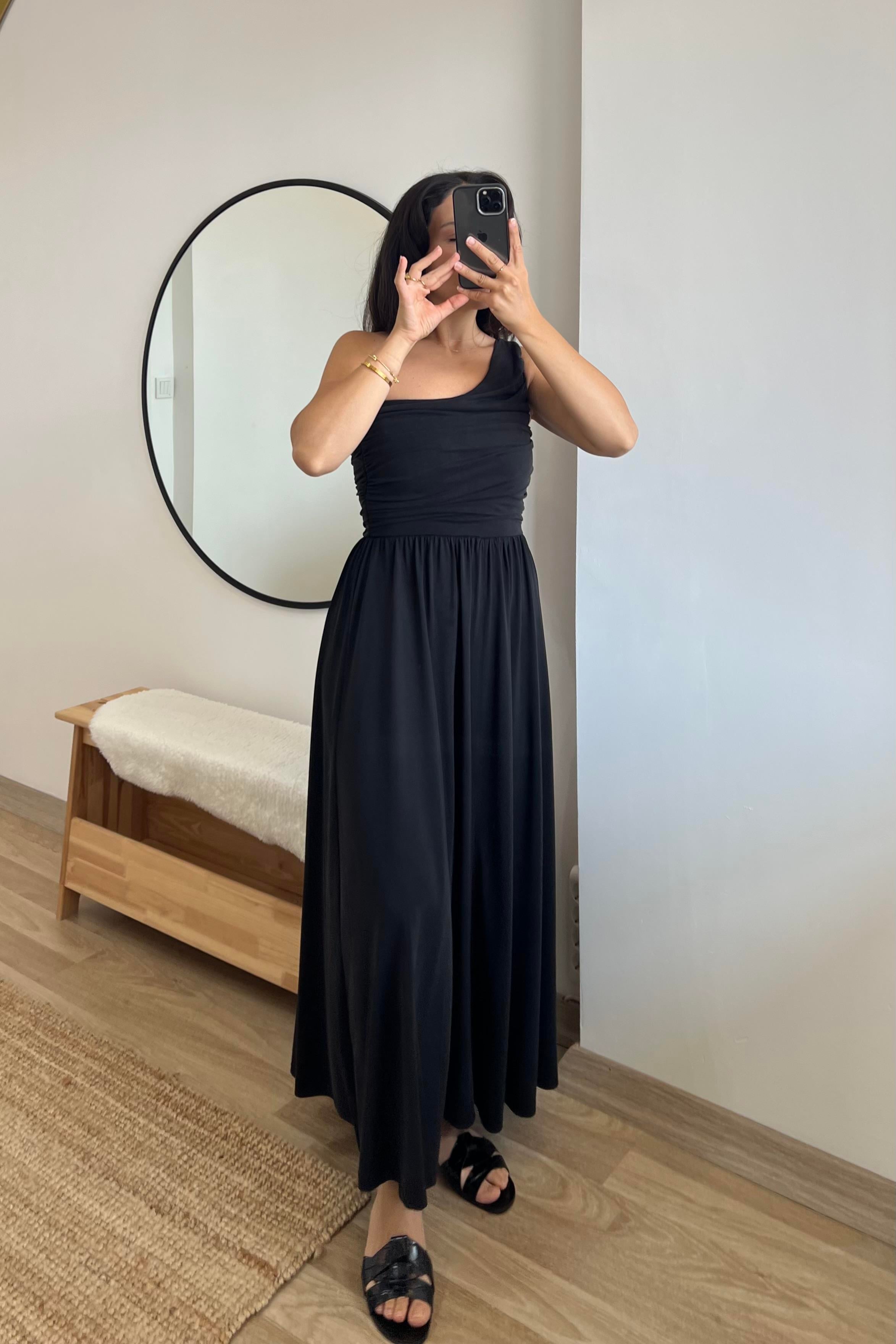 Siyah Tek Omuz Drapeli Modal Elbise uygun fiyatlarda www.butikhola.com adresinde