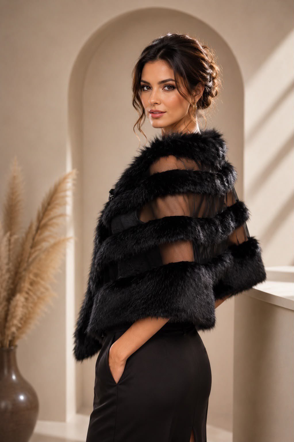 Siyah Tül ve Kürk Detaylı Üçgen Abiye Şal uygun fiyatlarda www.butikhola.com adresinde