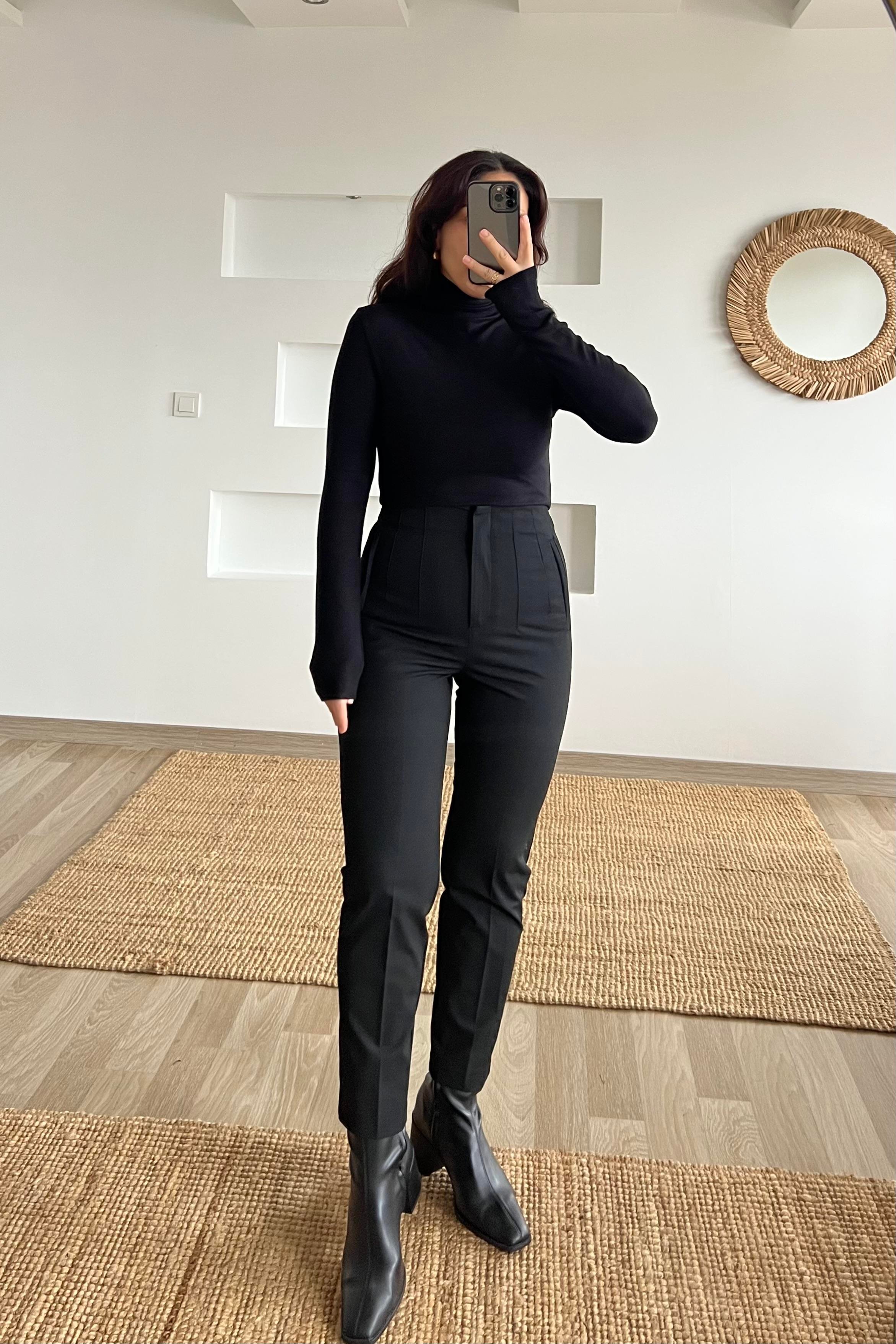 Siyah Yüksek Bel Dikiş Detaylı Pantolon uygun fiyatlarda www.butikhola.com adresinde