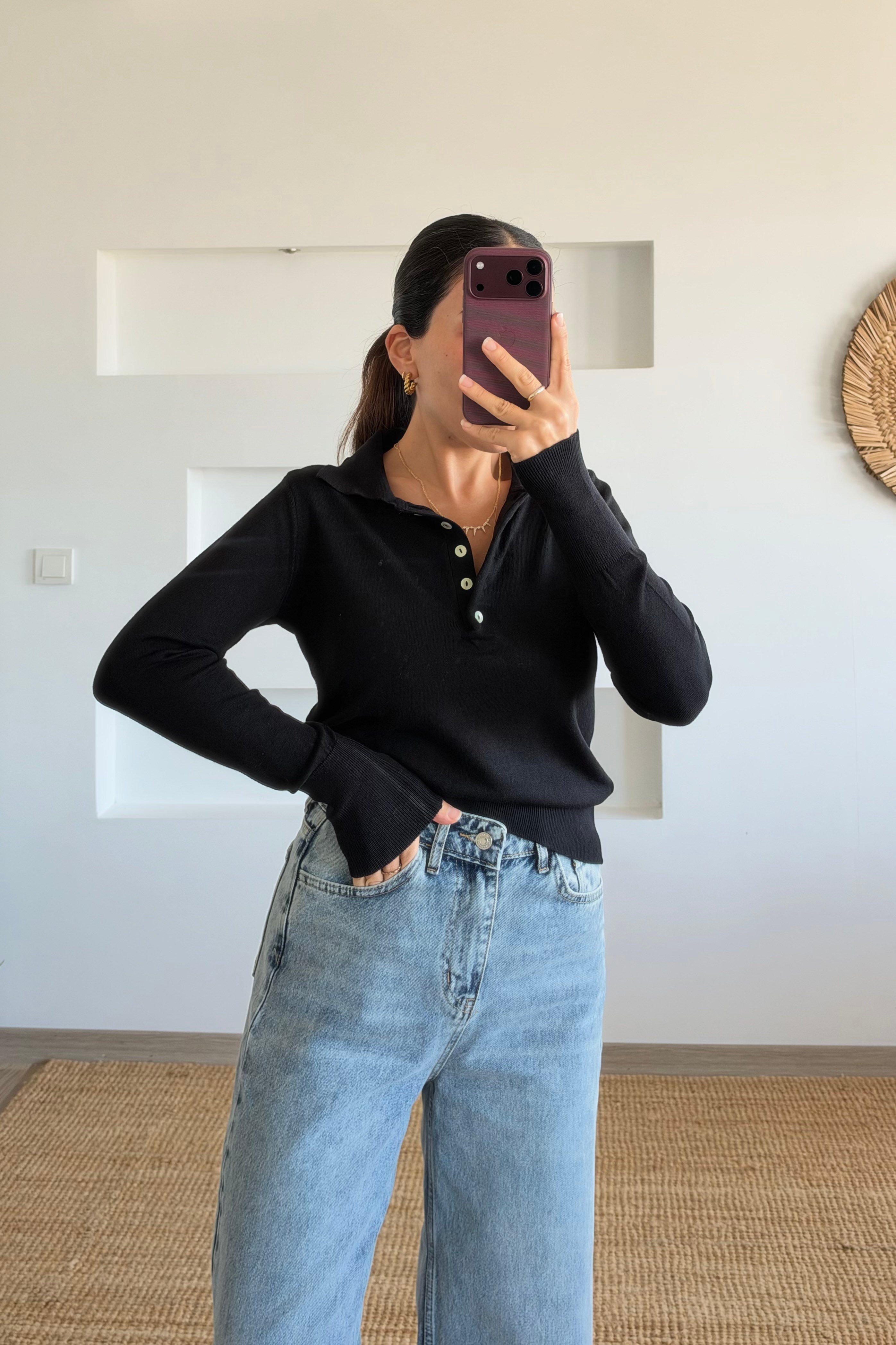 Siyah Yumuşak Dokulu Polo Yaka Kazak uygun fiyatlarda www.butikhola.com adresinde