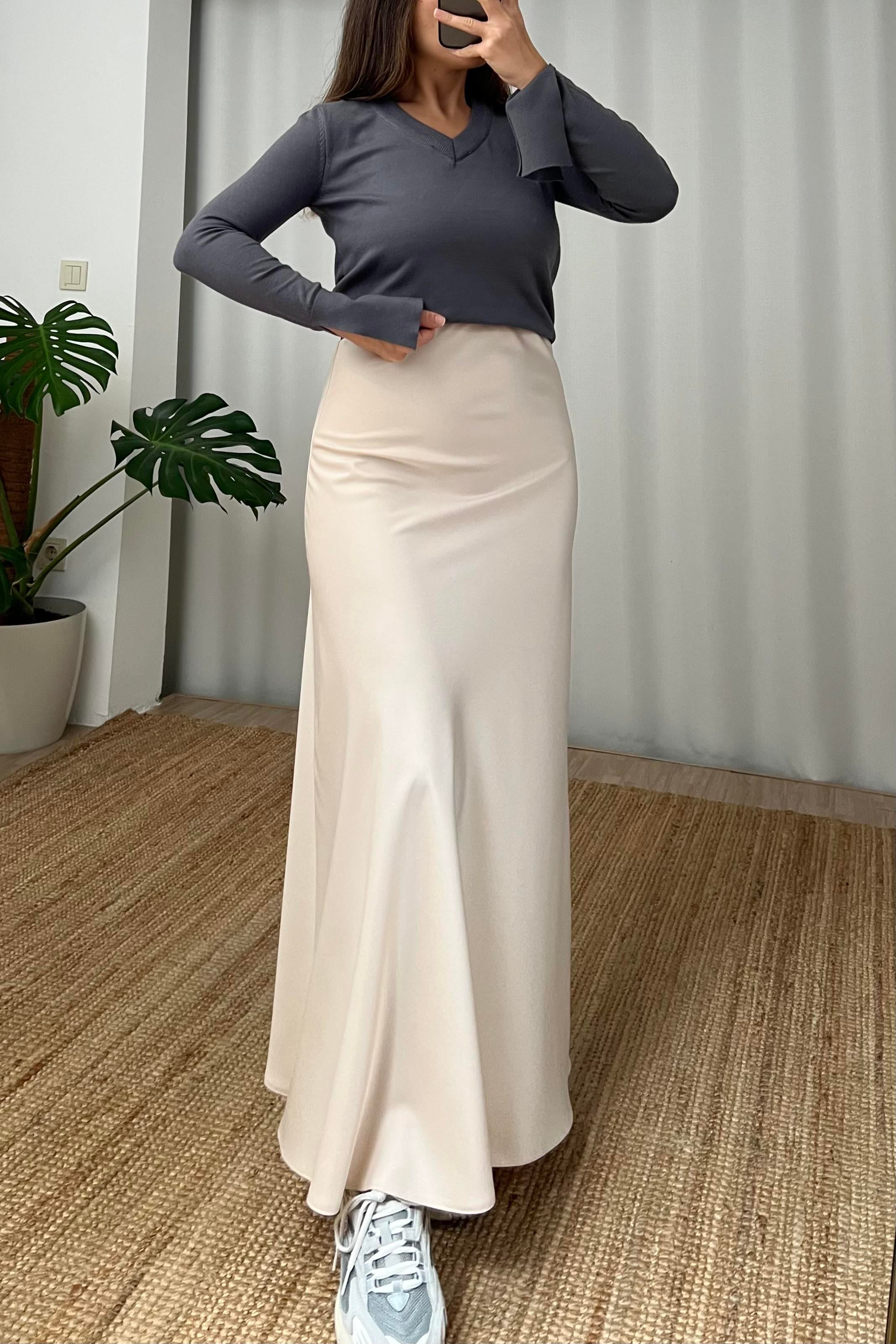 Taş Beli Lastikli Maksi Saten Etek uygun fiyatlarda www.butikhola.com adresinde
