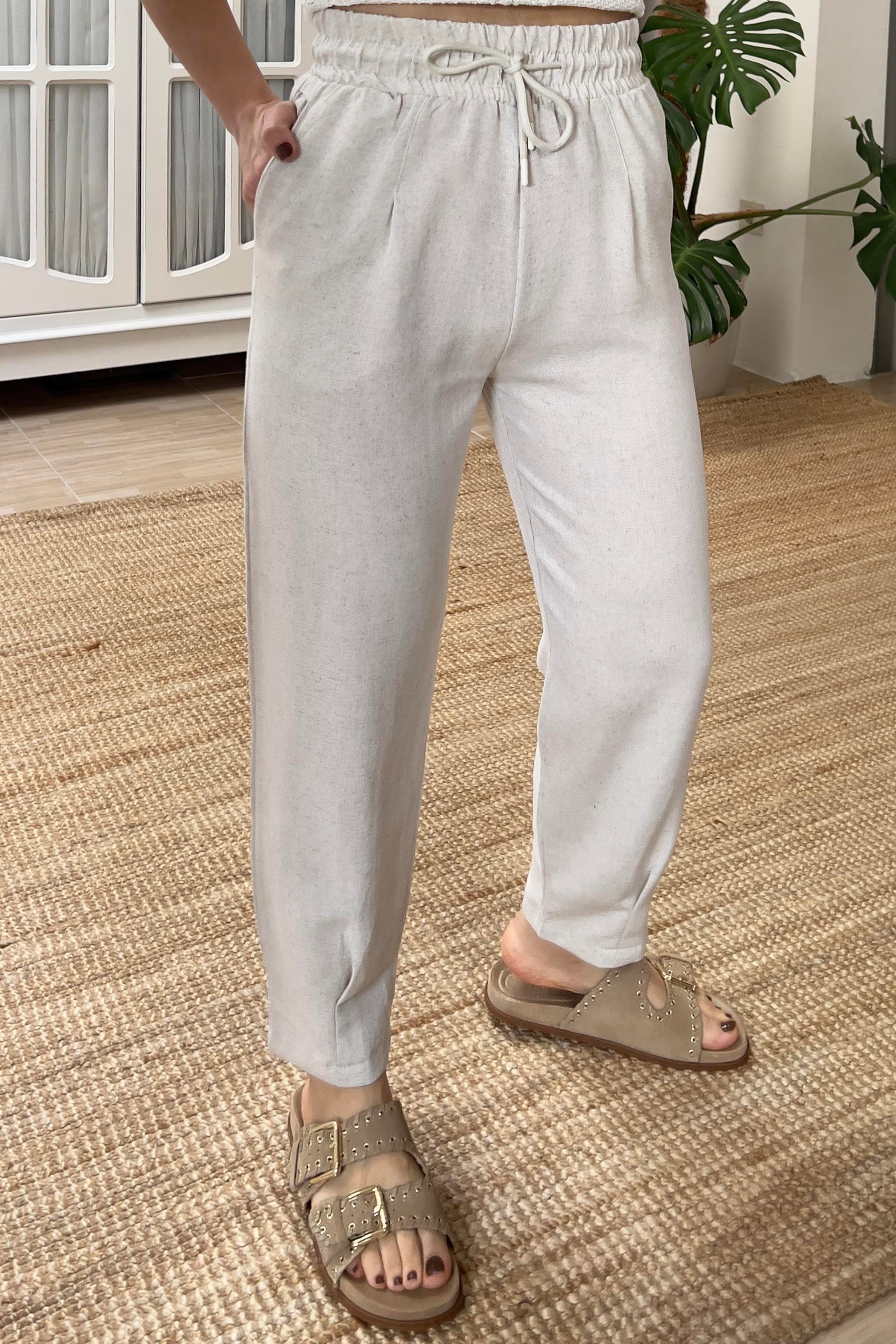 Taş Beli Lastikli Paçası Pileli Keten Pantolon uygun fiyatlarda www.butikhola.com adresinde