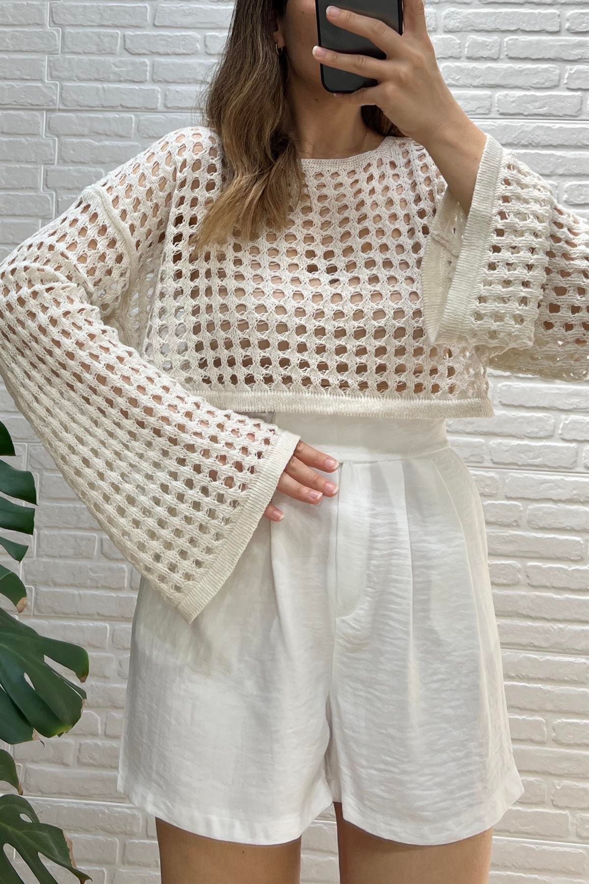Taş Rengi Ajurlu Crop Bluz uygun fiyatlarda www.butikhola.com adresinde
