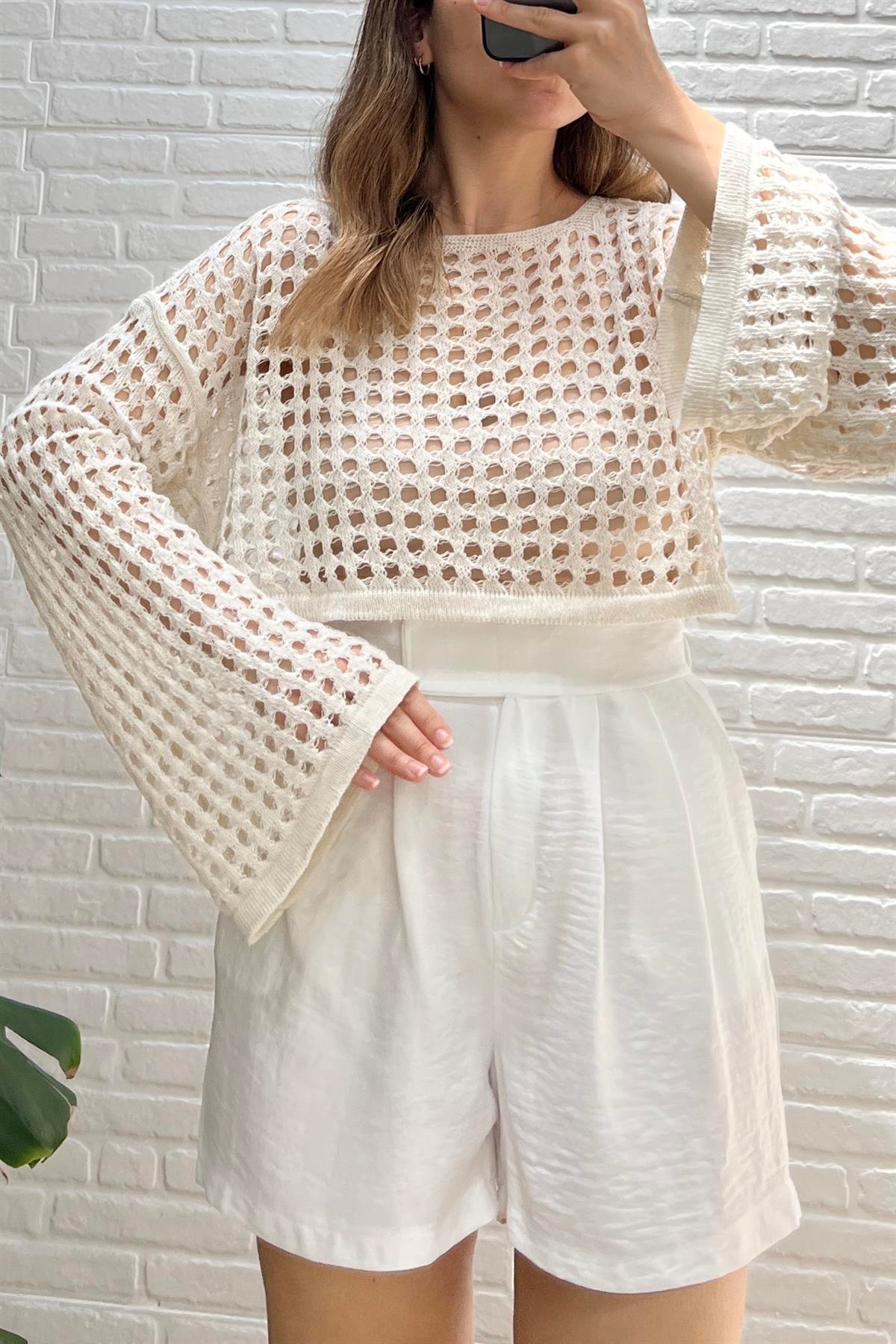 Taş Rengi Ajurlu Crop Bluz uygun fiyatlarda www.butikhola.com adresinde