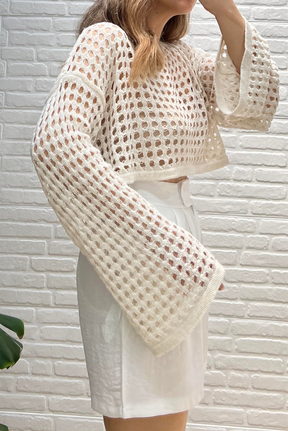 Taş Rengi Ajurlu Crop Bluz uygun fiyatlarda www.butikhola.com adresinde