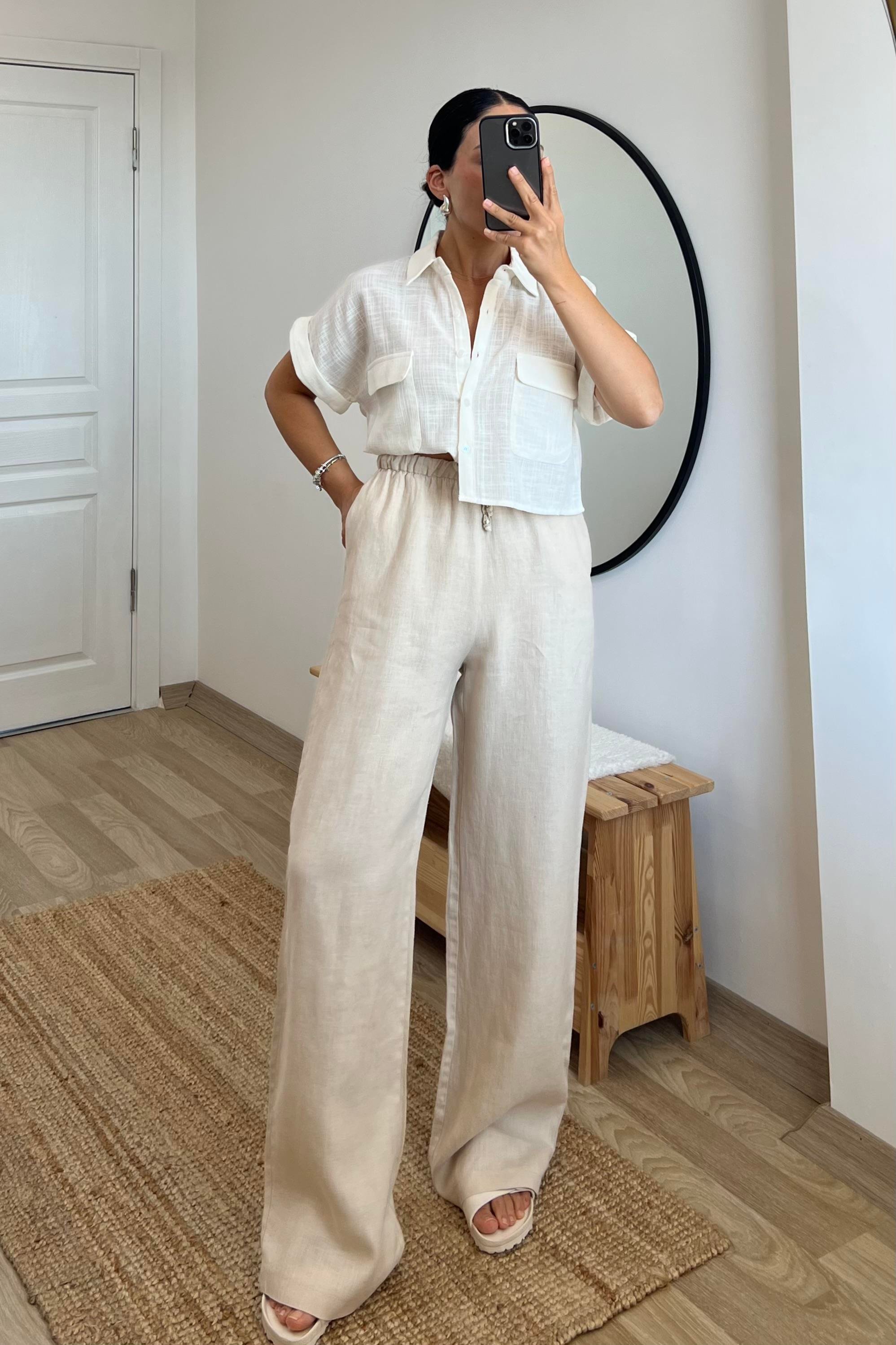 Taş Rengi Beli İpli Ham Keten Comfort Pantolon uygun fiyatlarda www.butikhola.com adresinde