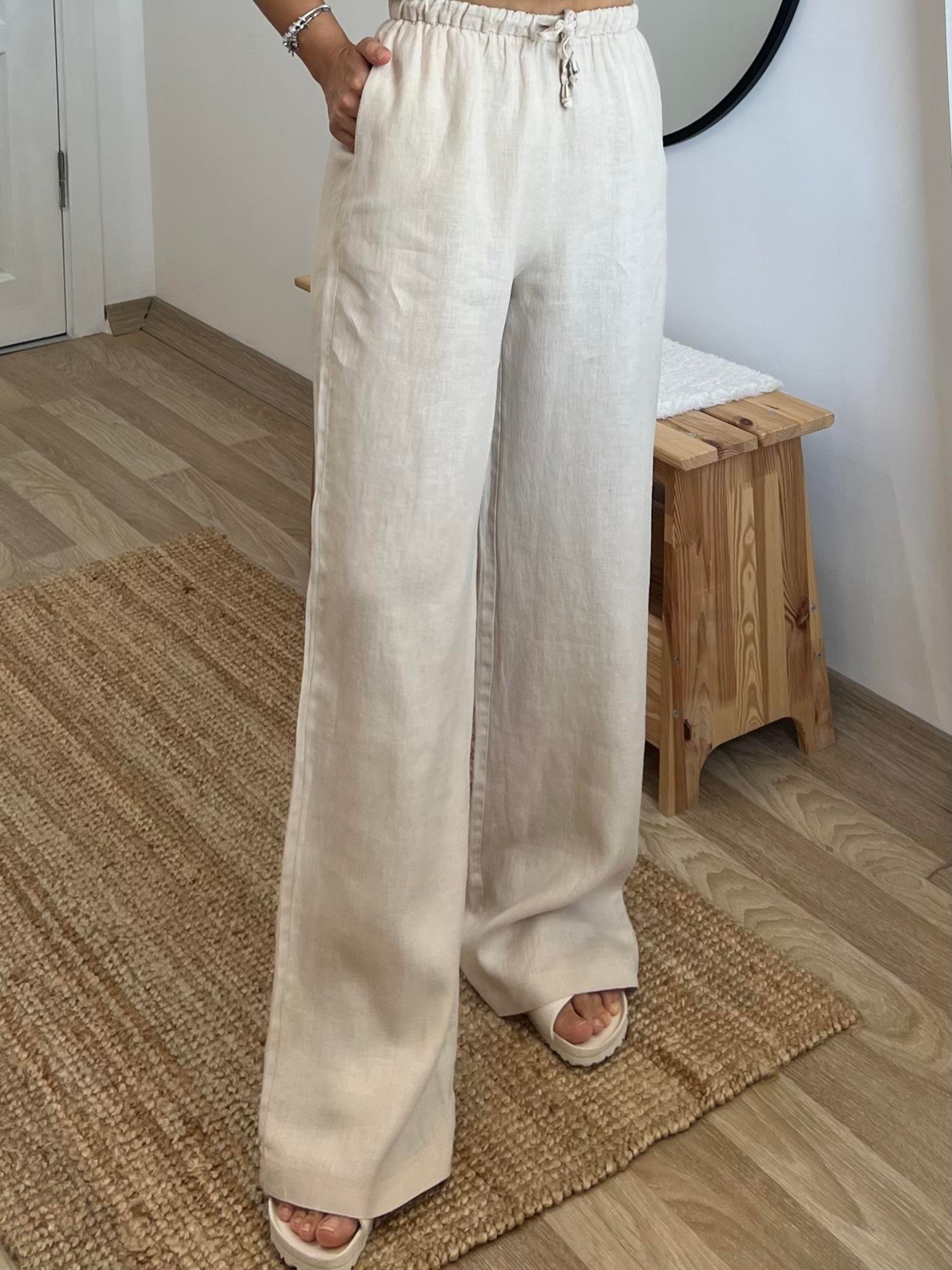Taş Rengi Beli İpli Ham Keten Comfort Pantolon uygun fiyatlarda www.butikhola.com adresinde