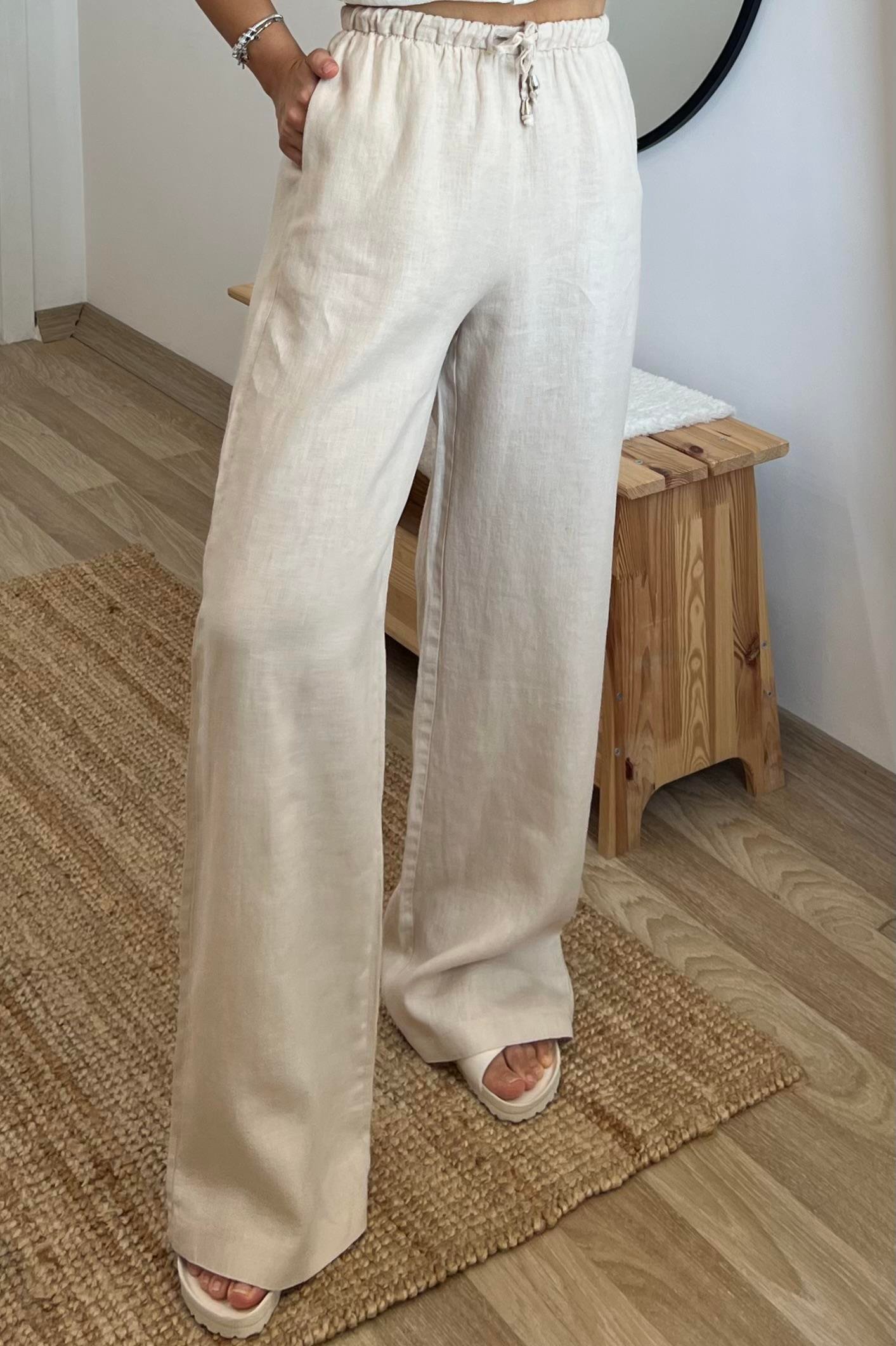 Taş Rengi Beli İpli Ham Keten Comfort Pantolon uygun fiyatlarda www.butikhola.com adresinde