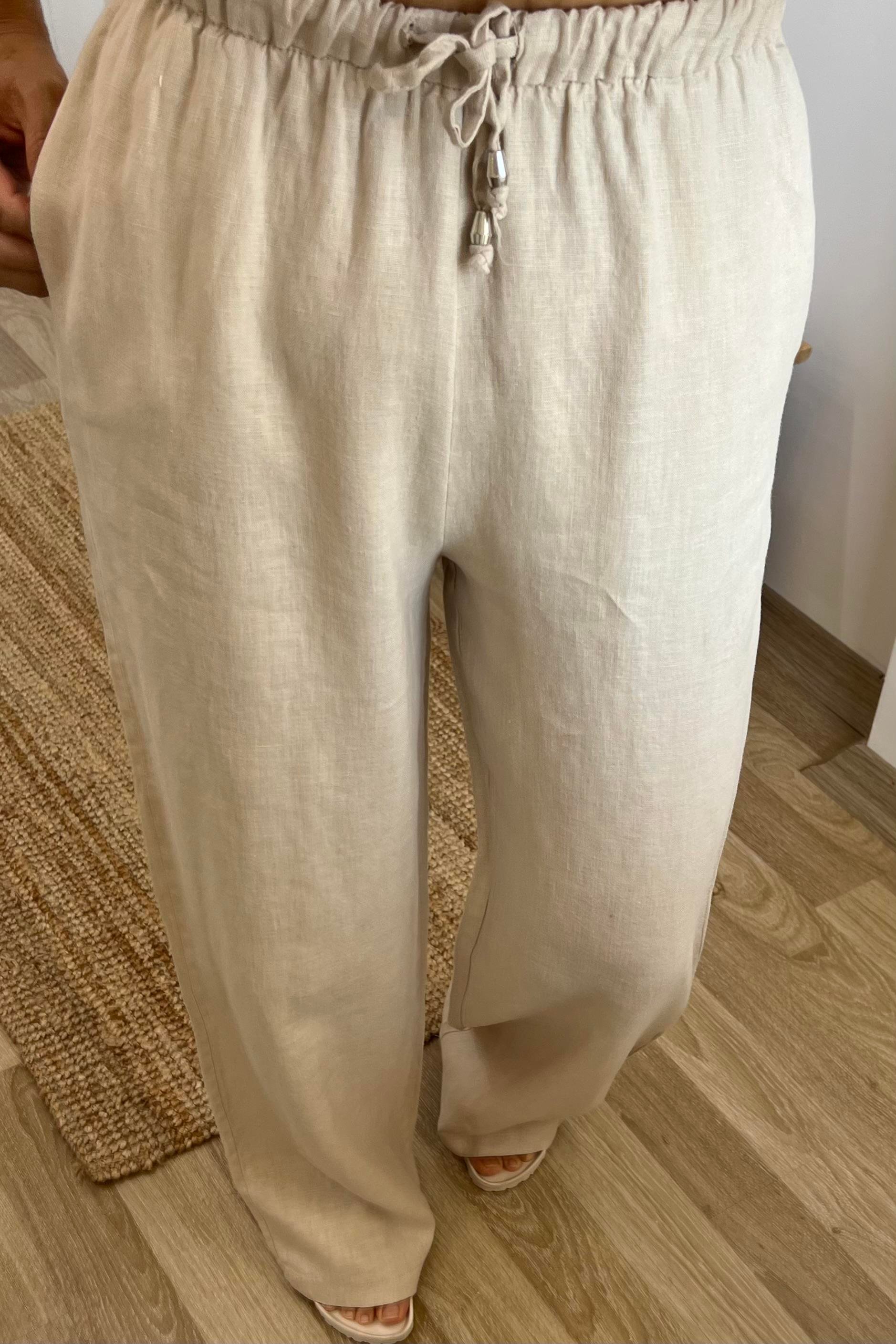 Taş Rengi Beli İpli Ham Keten Comfort Pantolon uygun fiyatlarda www.butikhola.com adresinde