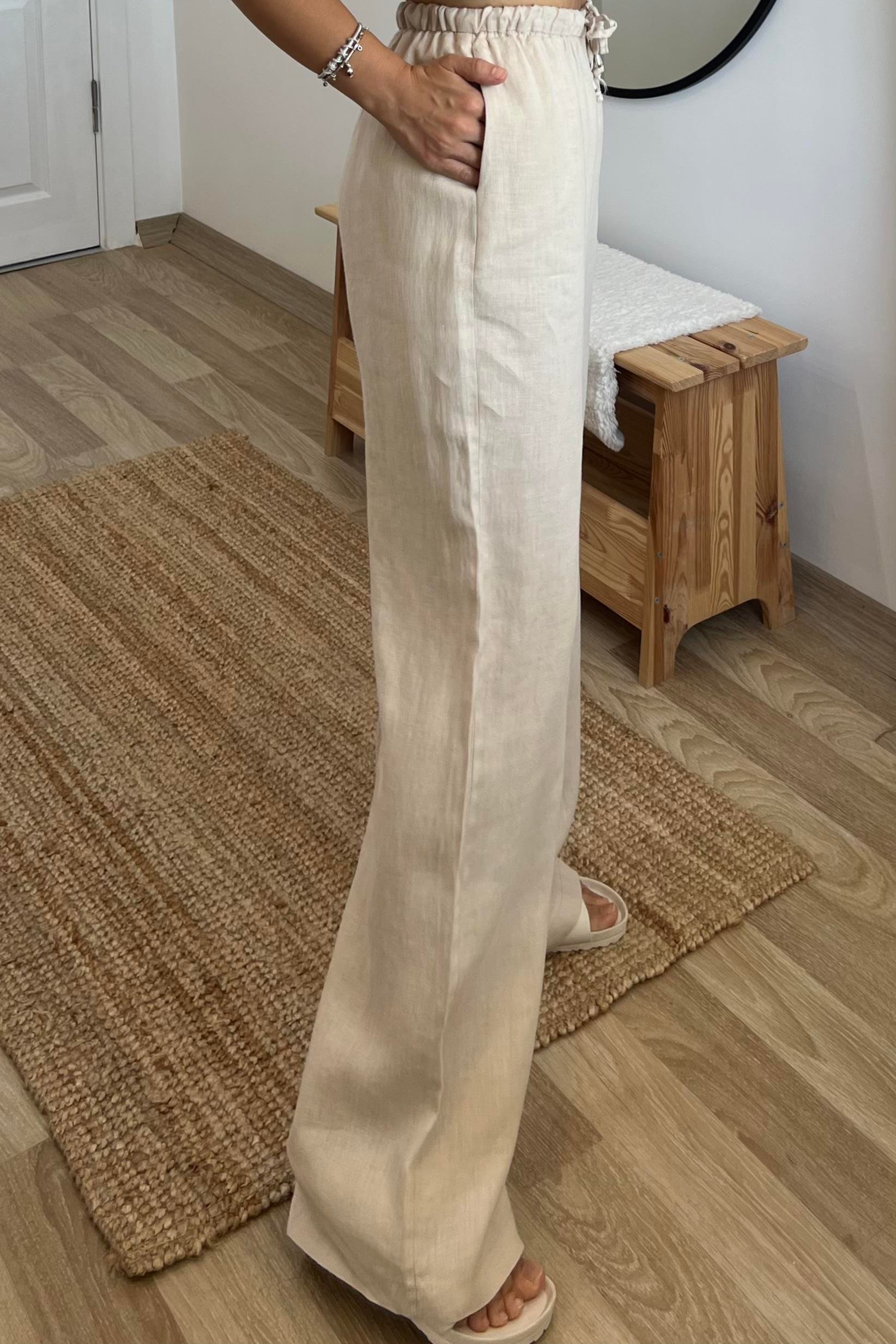 Taş Rengi Beli İpli Ham Keten Comfort Pantolon uygun fiyatlarda www.butikhola.com adresinde