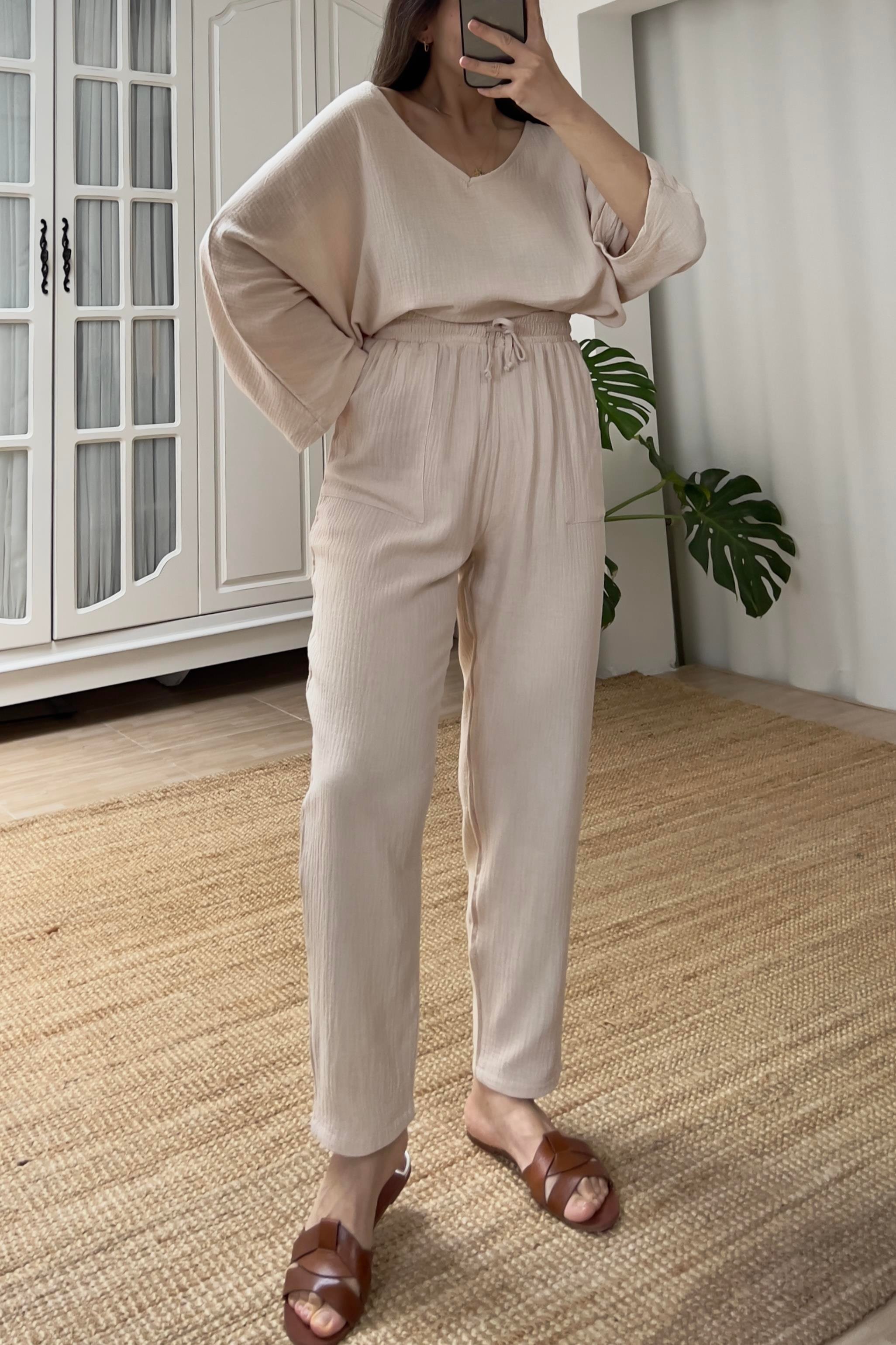 Taş Rengi Bluz Pantolon Müslin Takım uygun fiyatlarda www.butikhola.com adresinde