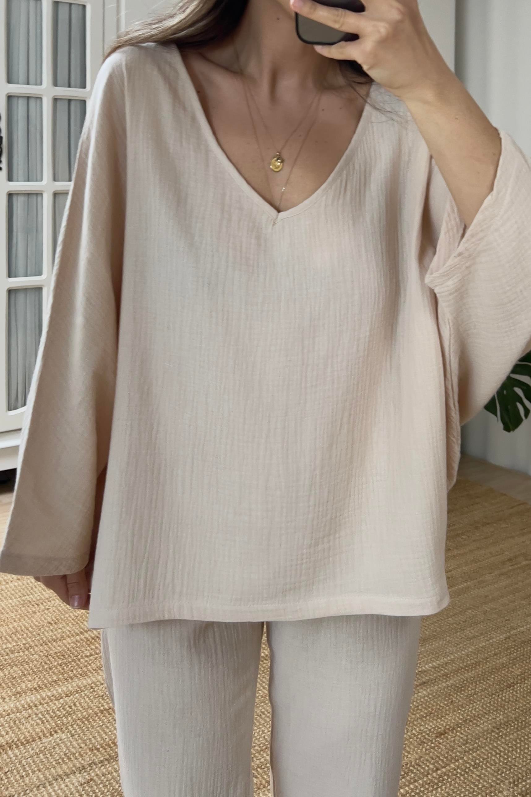 Taş Rengi Bluz Pantolon Müslin Takım uygun fiyatlarda www.butikhola.com adresinde
