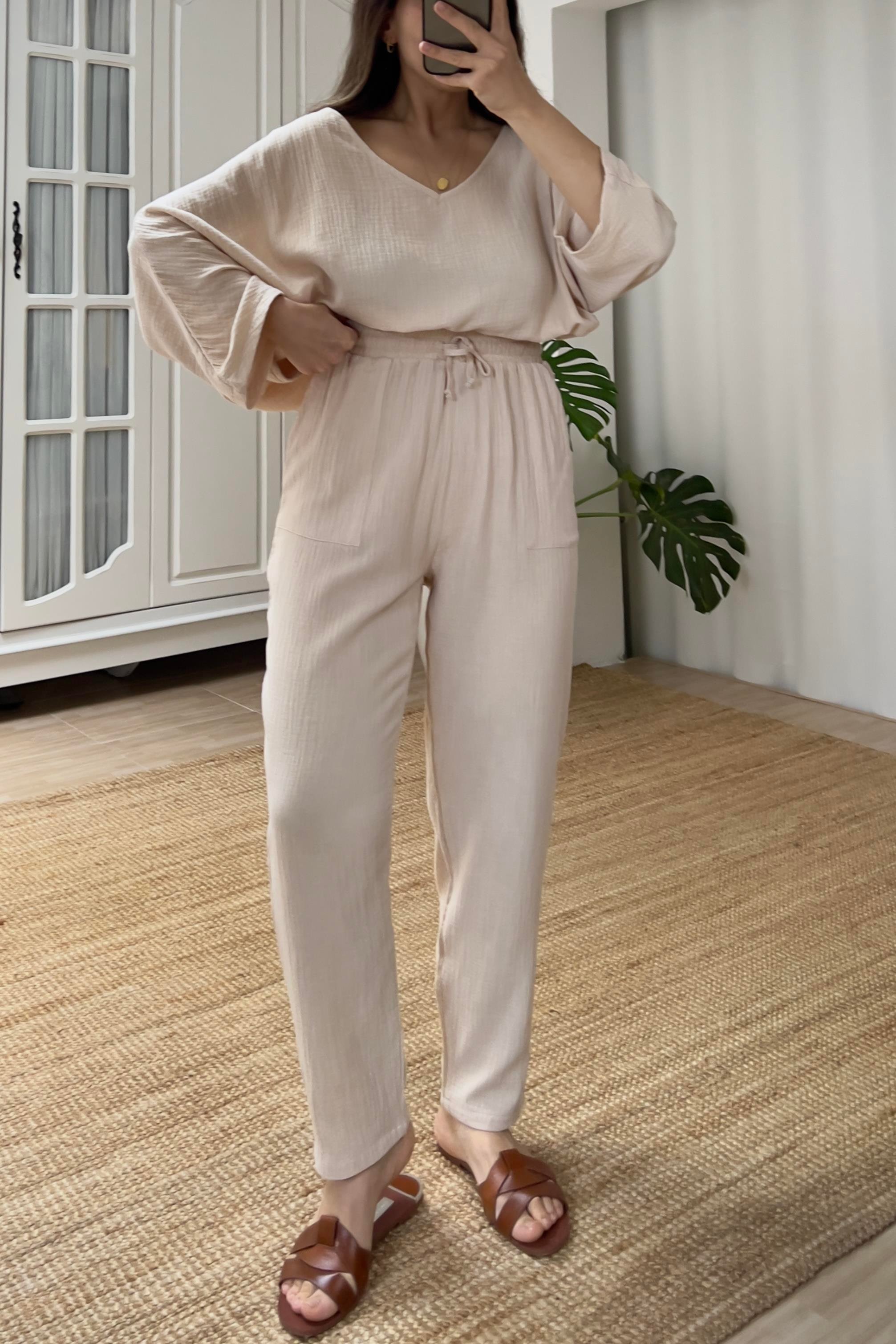 Taş Rengi Bluz Pantolon Müslin Takım uygun fiyatlarda www.butikhola.com adresinde