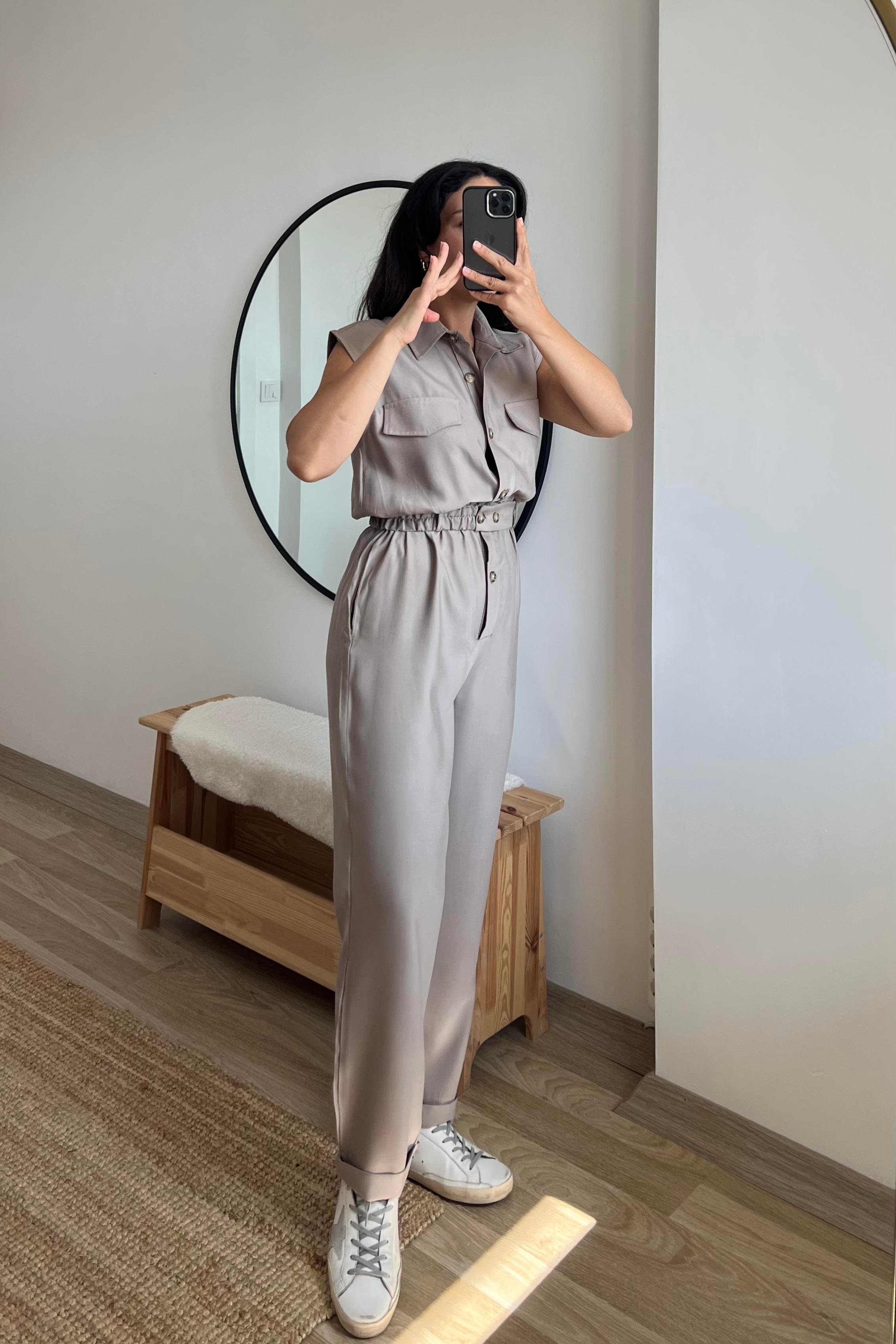 Taş Rengi Cepli Kuşaklı Tulum uygun fiyatlarda www.butikhola.com adresinde