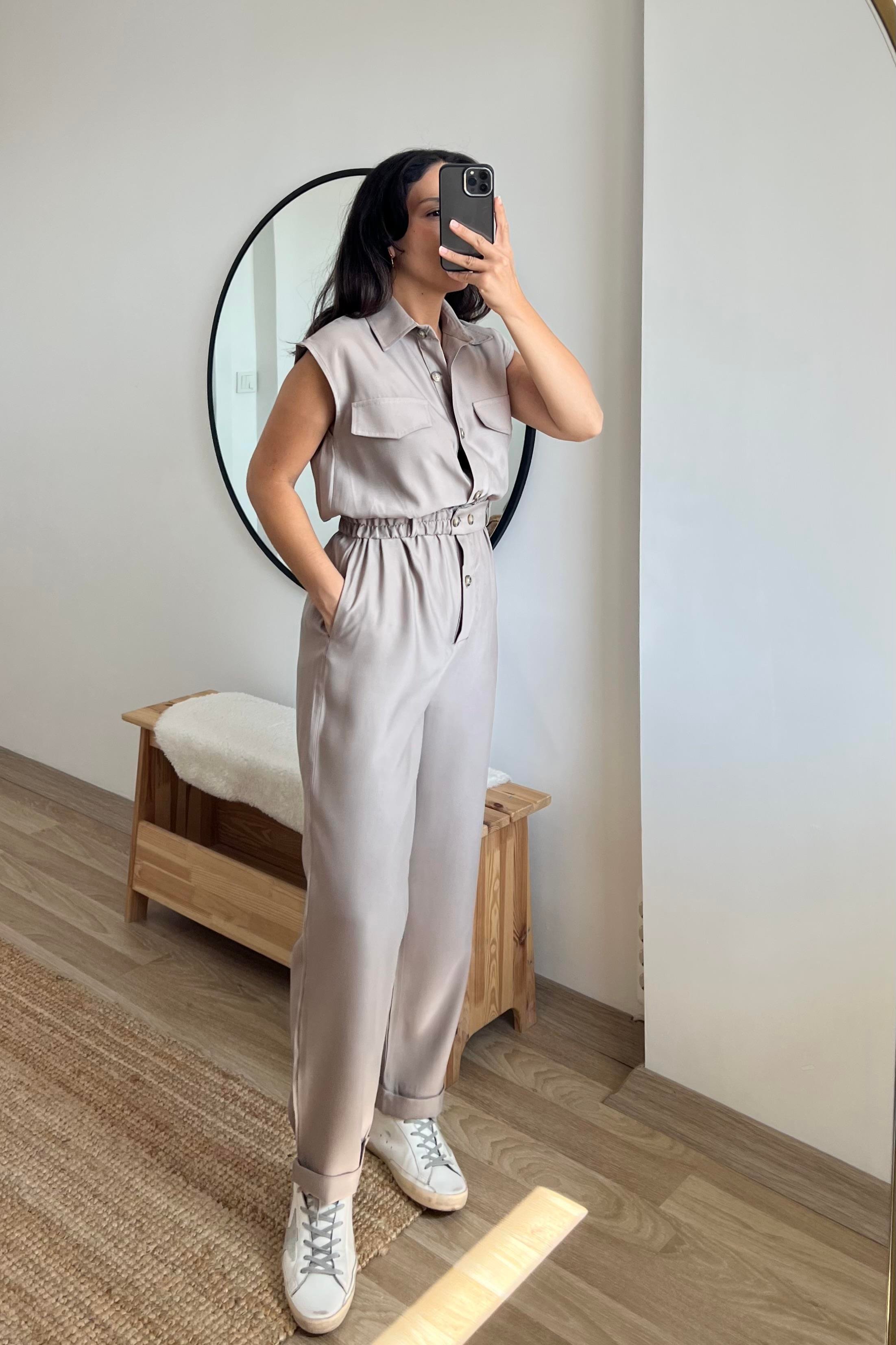 Taş Rengi Cepli Kuşaklı Tulum uygun fiyatlarda www.butikhola.com adresinde
