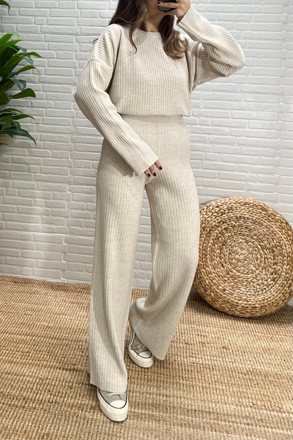Taş Rengi Fitilli Triko Takım uygun fiyatlarda www.butikhola.com adresinde