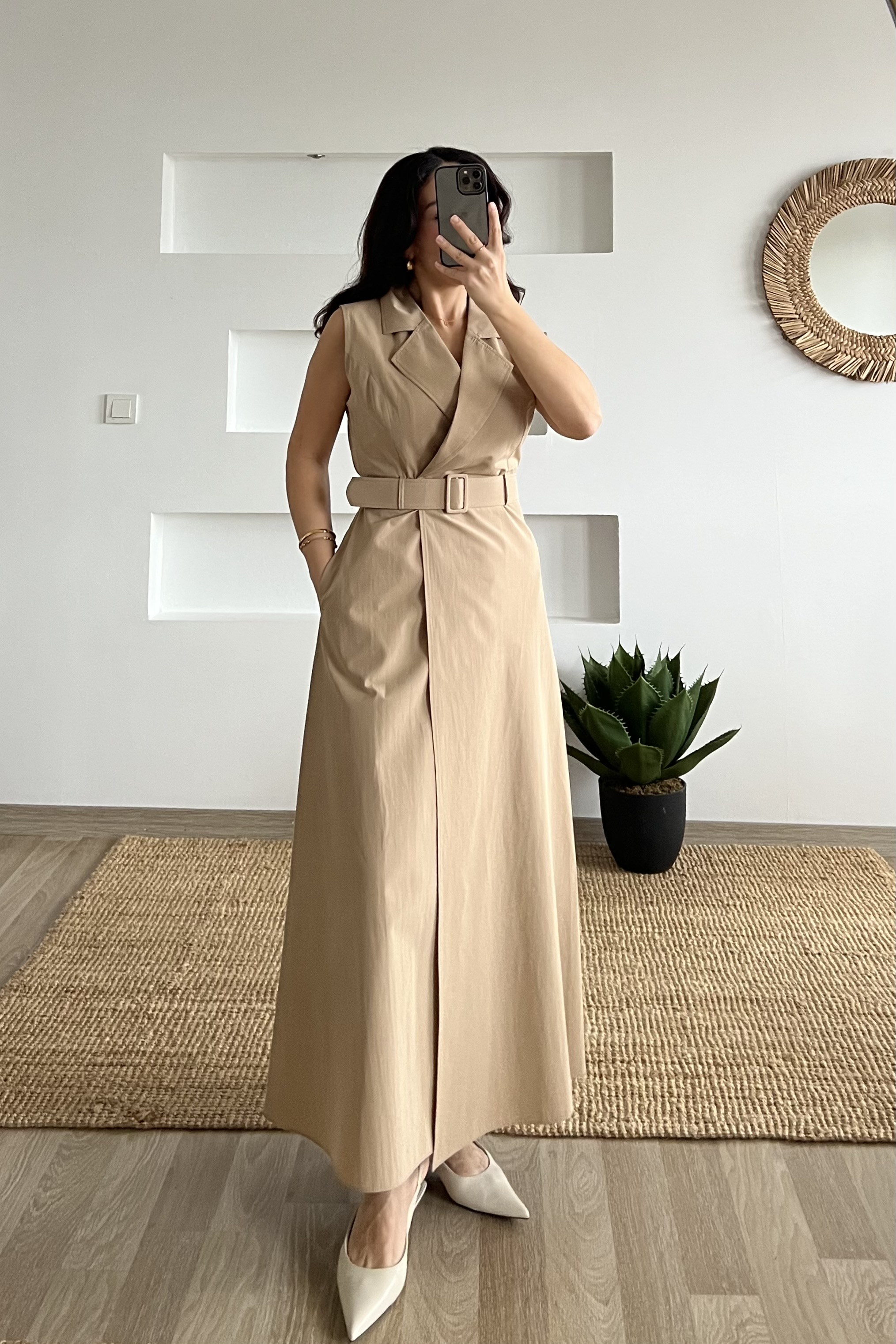 Taş Rengi Kruvaze Kemer Detaylı Elbise uygun fiyatlarda www.butikhola.com adresinde