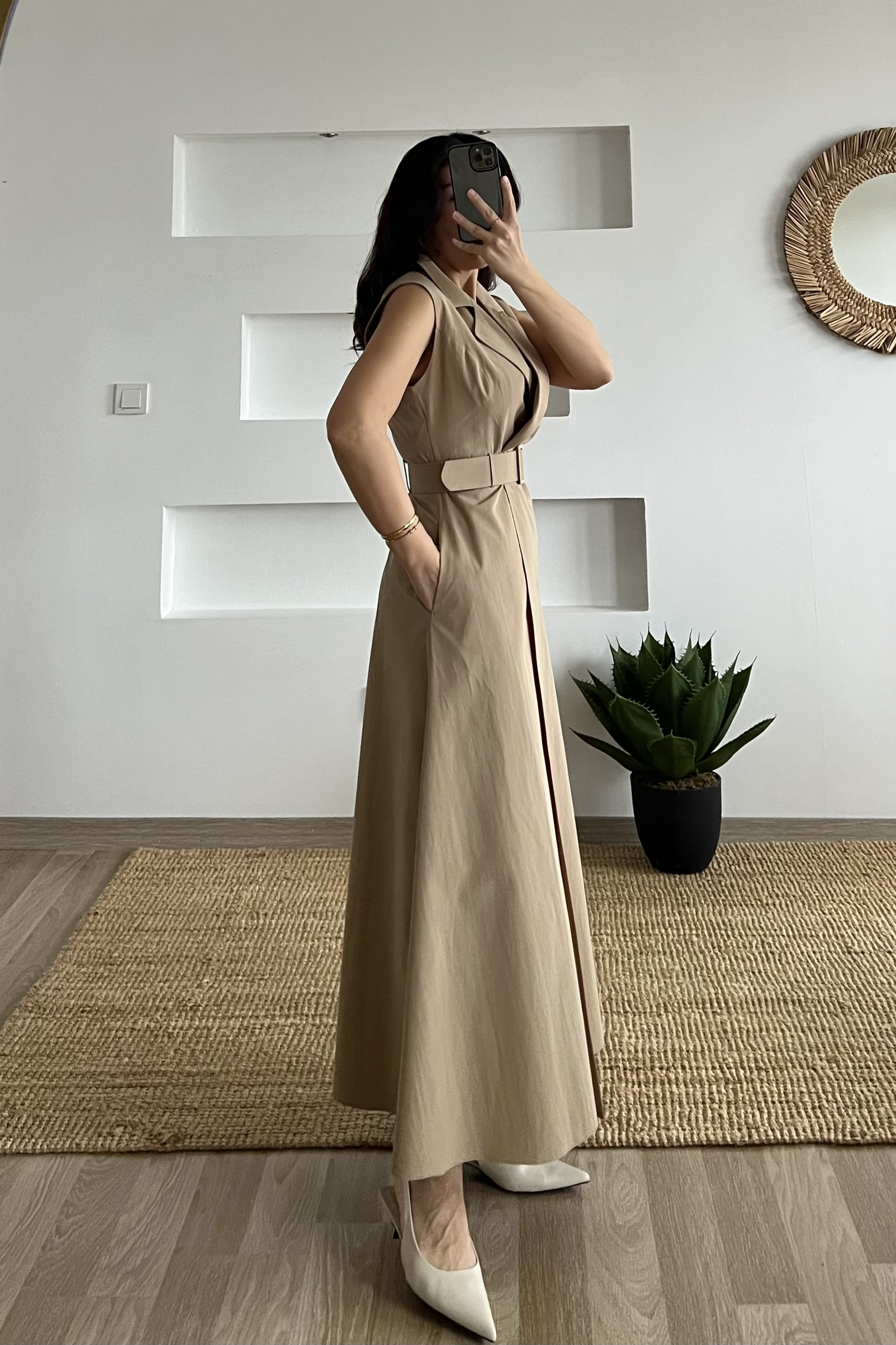 Taş Rengi Kruvaze Kemer Detaylı Elbise uygun fiyatlarda www.butikhola.com adresinde