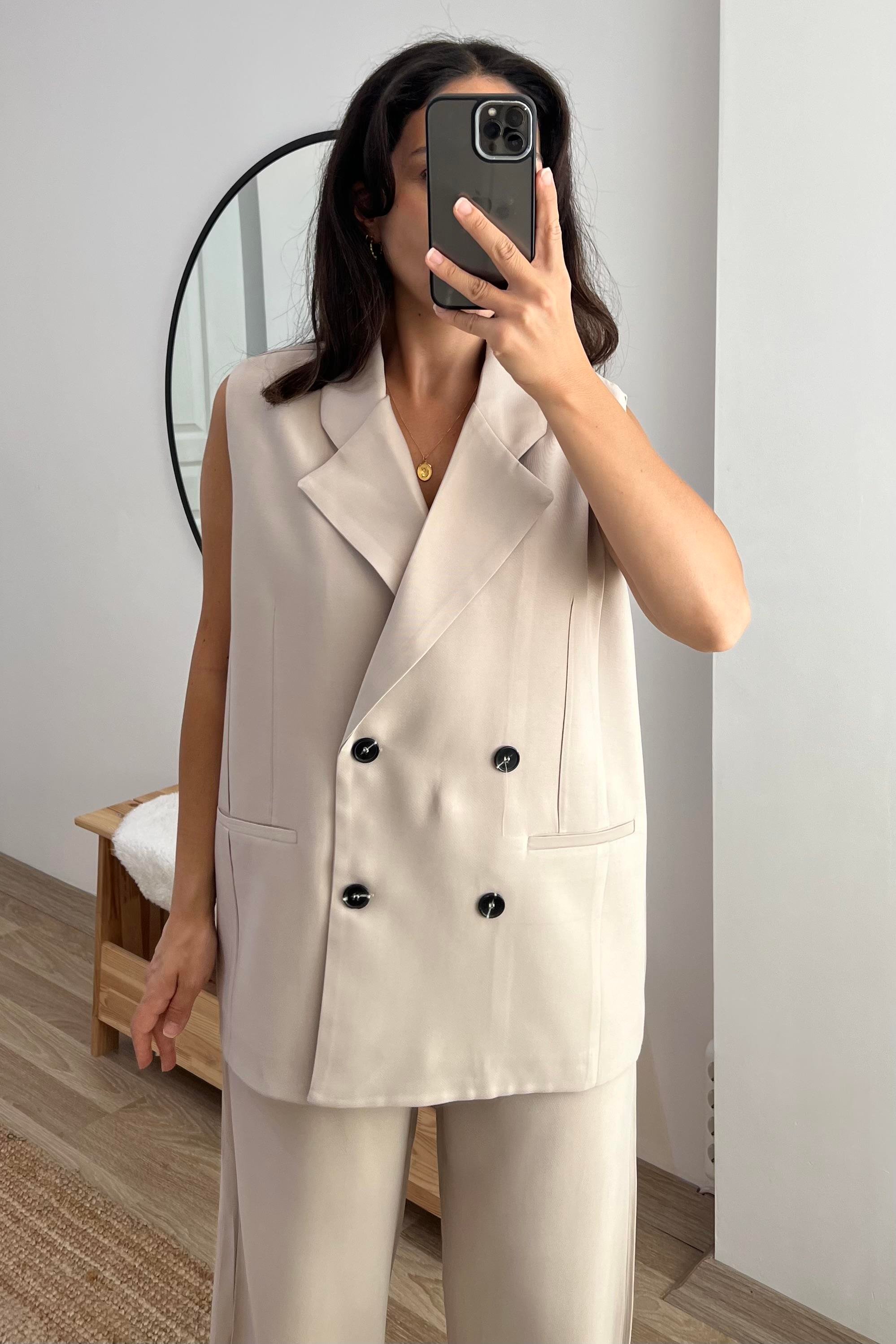 Taş Rengi Oversize Maskülen Yelek Pantolon Takım uygun fiyatlarda www.butikhola.com adresinde