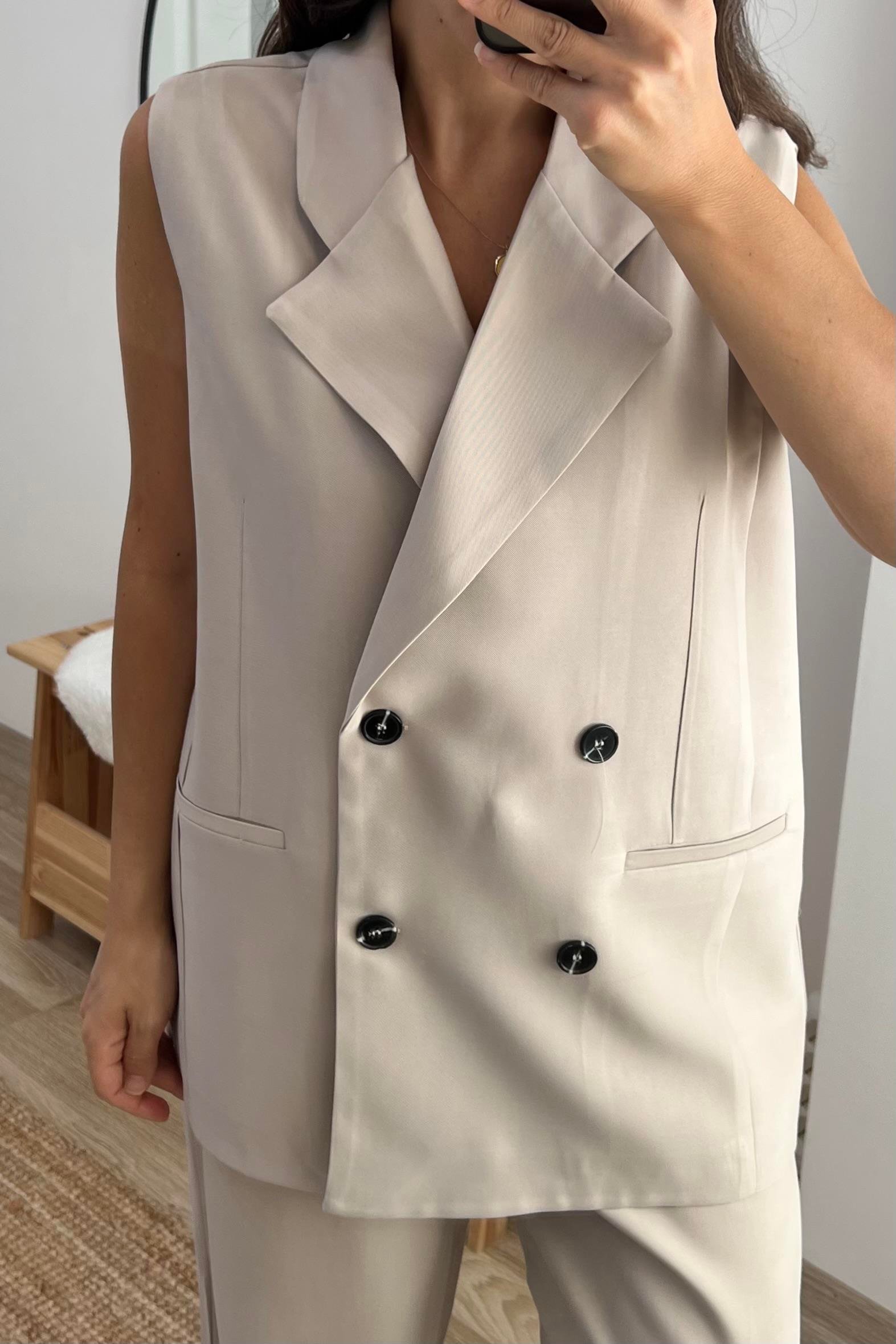 Taş Rengi Oversize Maskülen Yelek Pantolon Takım uygun fiyatlarda www.butikhola.com adresinde