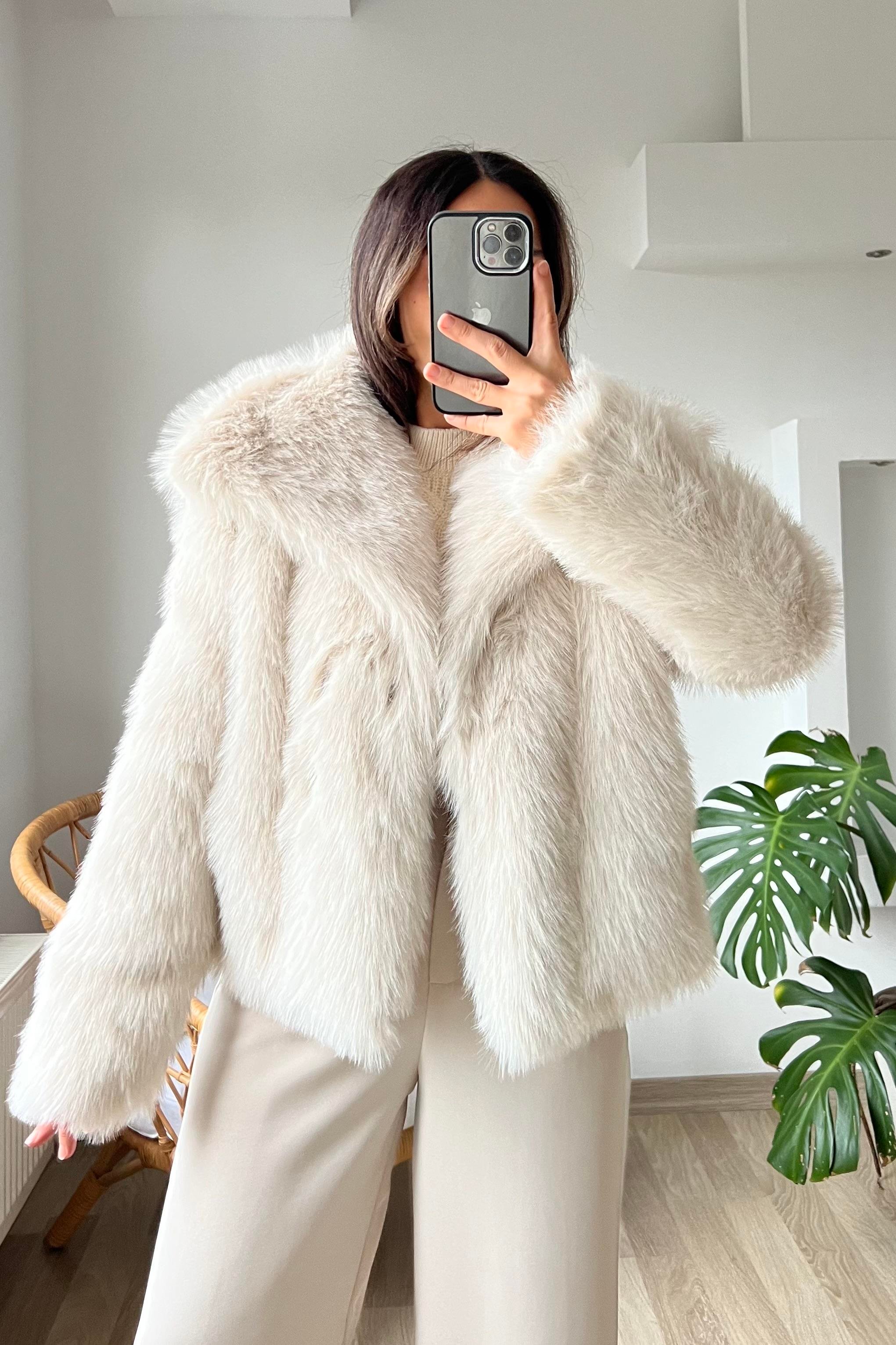 Taş Rengi Suni Kürk Ceket uygun fiyatlarda www.butikhola.com adresinde