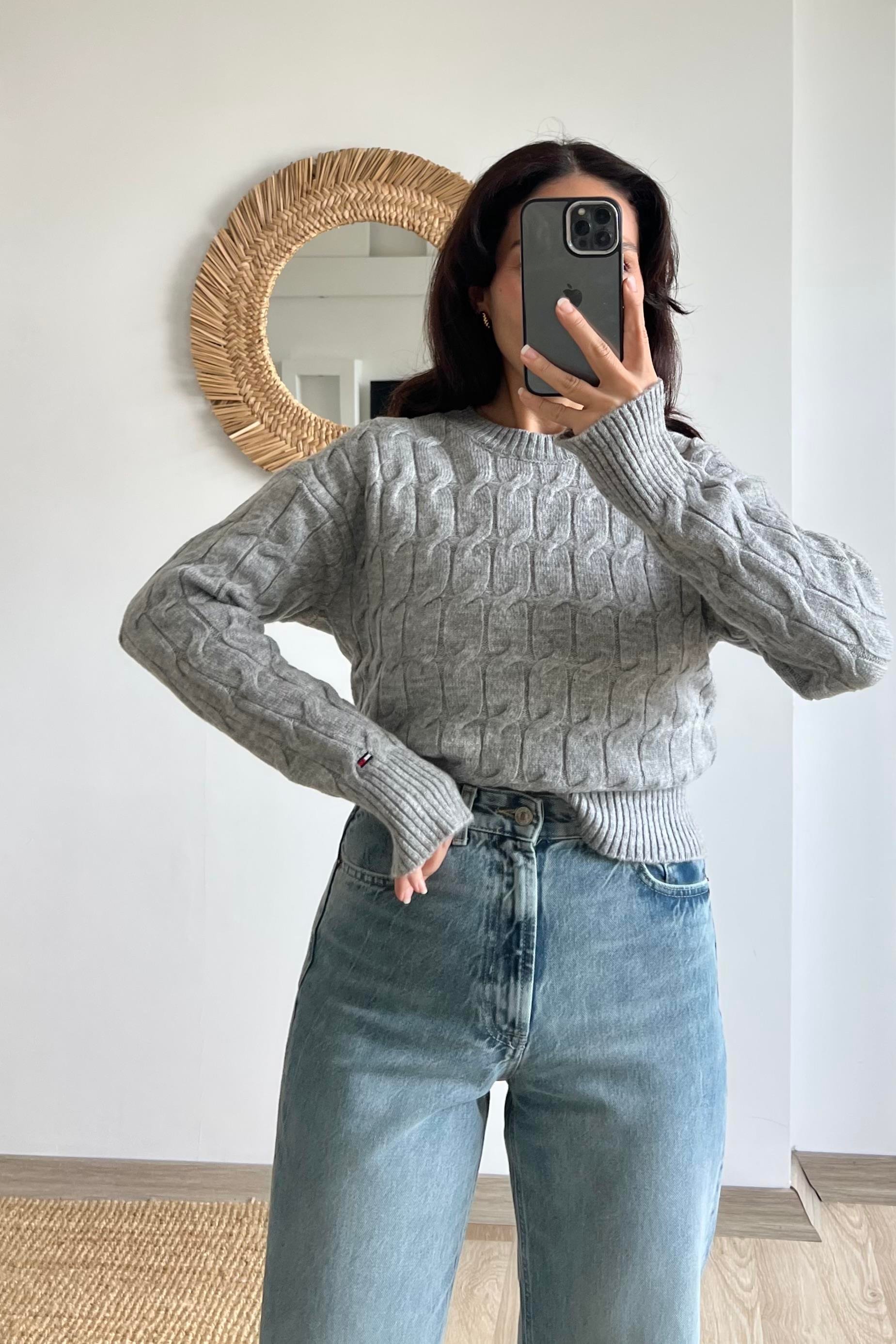 TH Gri Saç Örgülü Yumuşak Dokulu Kazak  uygun fiyatlarda www.butikhola.com adresinde