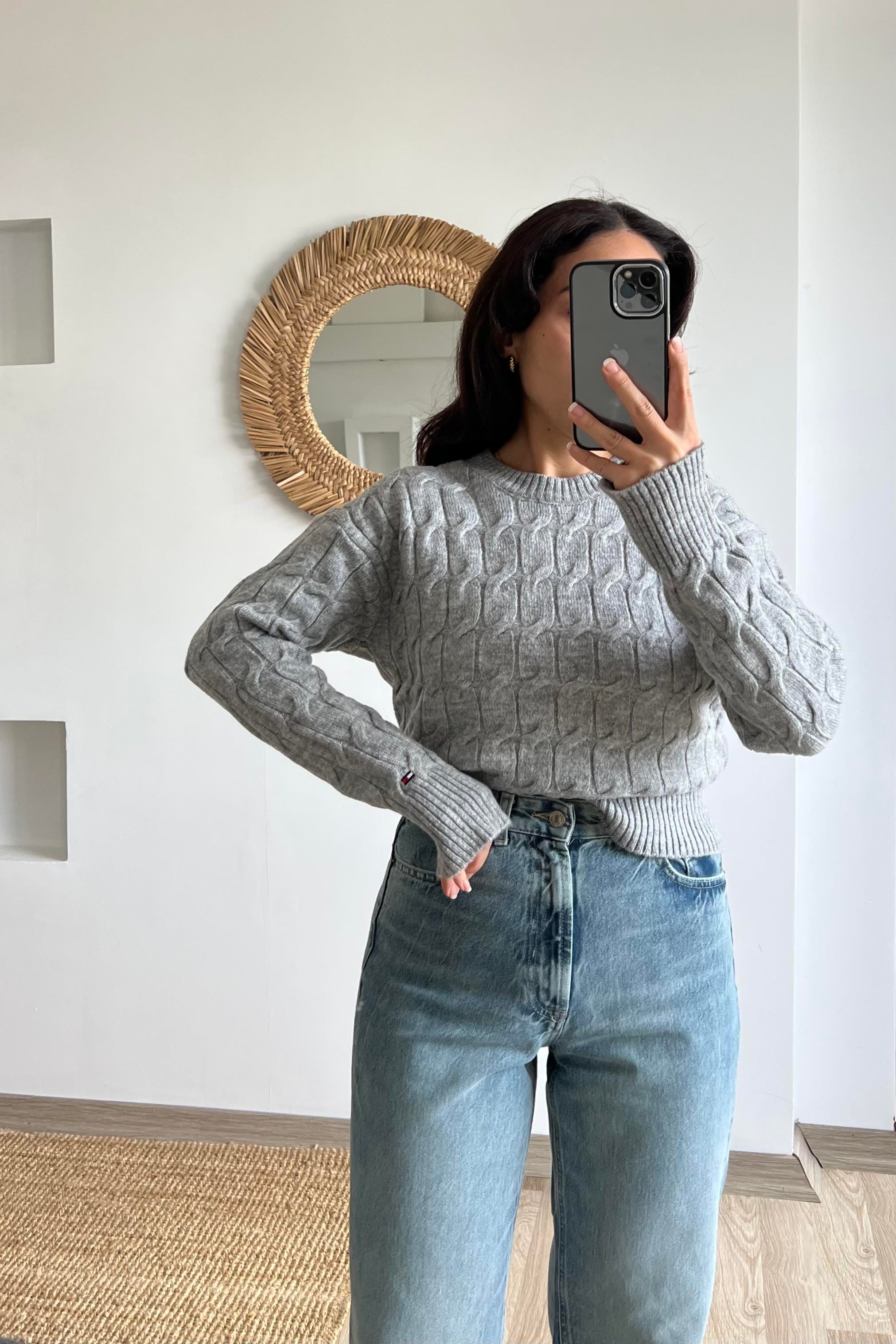 TH Gri Saç Örgülü Yumuşak Dokulu Kazak  uygun fiyatlarda www.butikhola.com adresinde