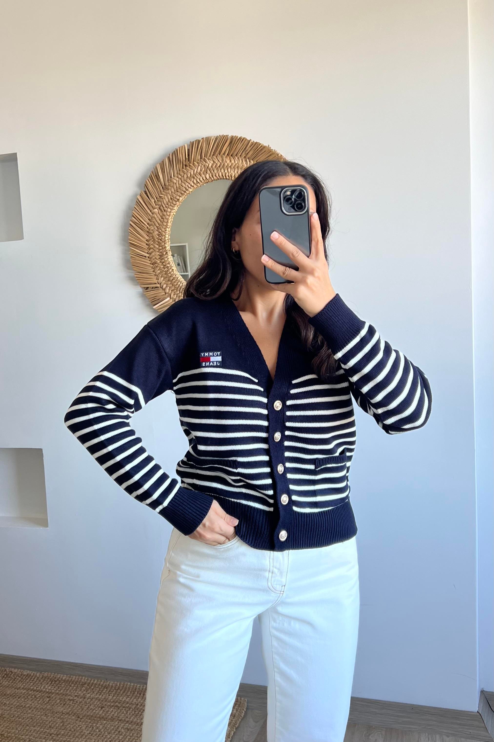 TH Lacivert Cep Detaylı Çizgili Hırka uygun fiyatlarda www.butikhola.com adresinde