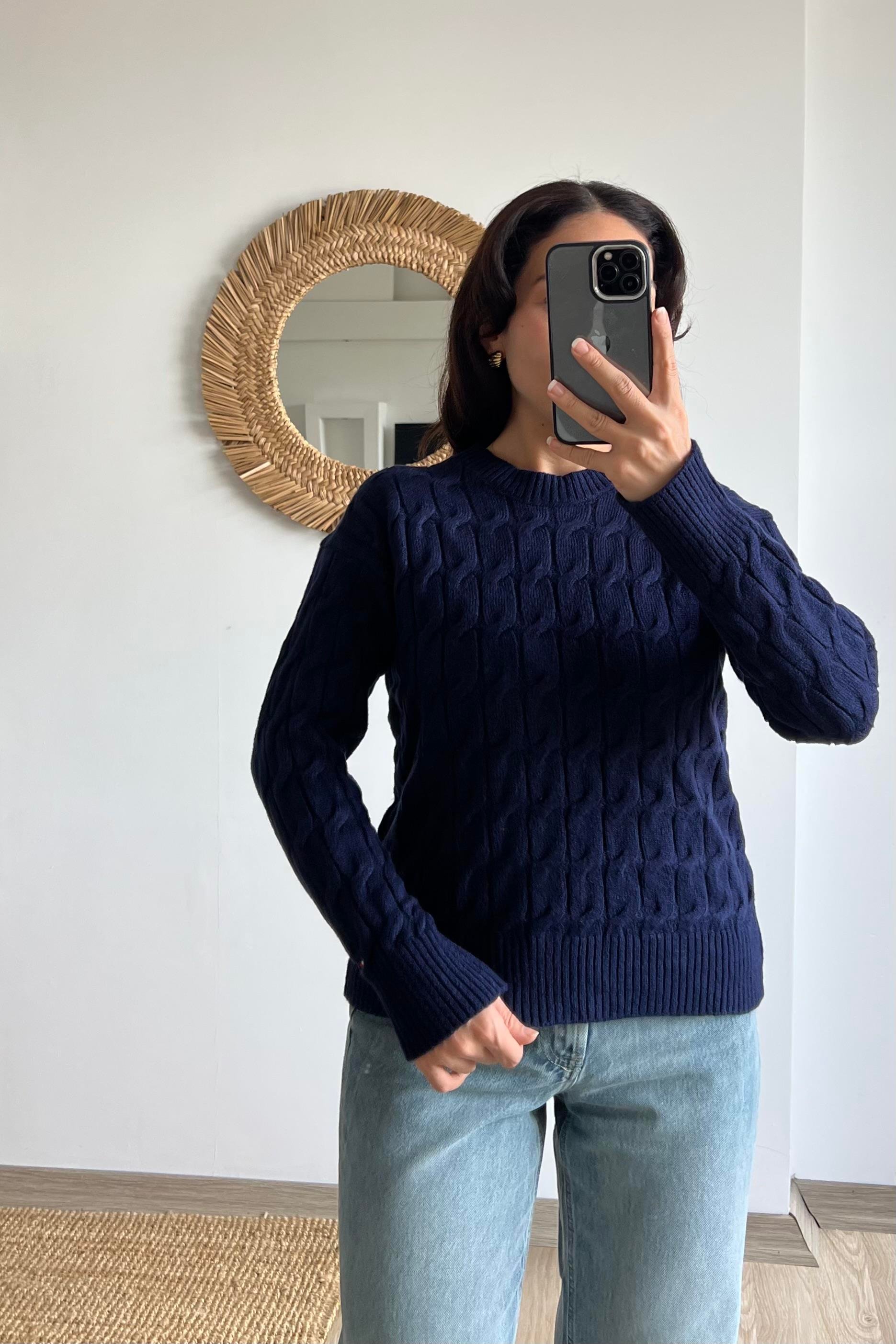 TH Lacivert Saç Örgülü Yumuşak Dokulu Kazak  uygun fiyatlarda www.butikhola.com adresinde