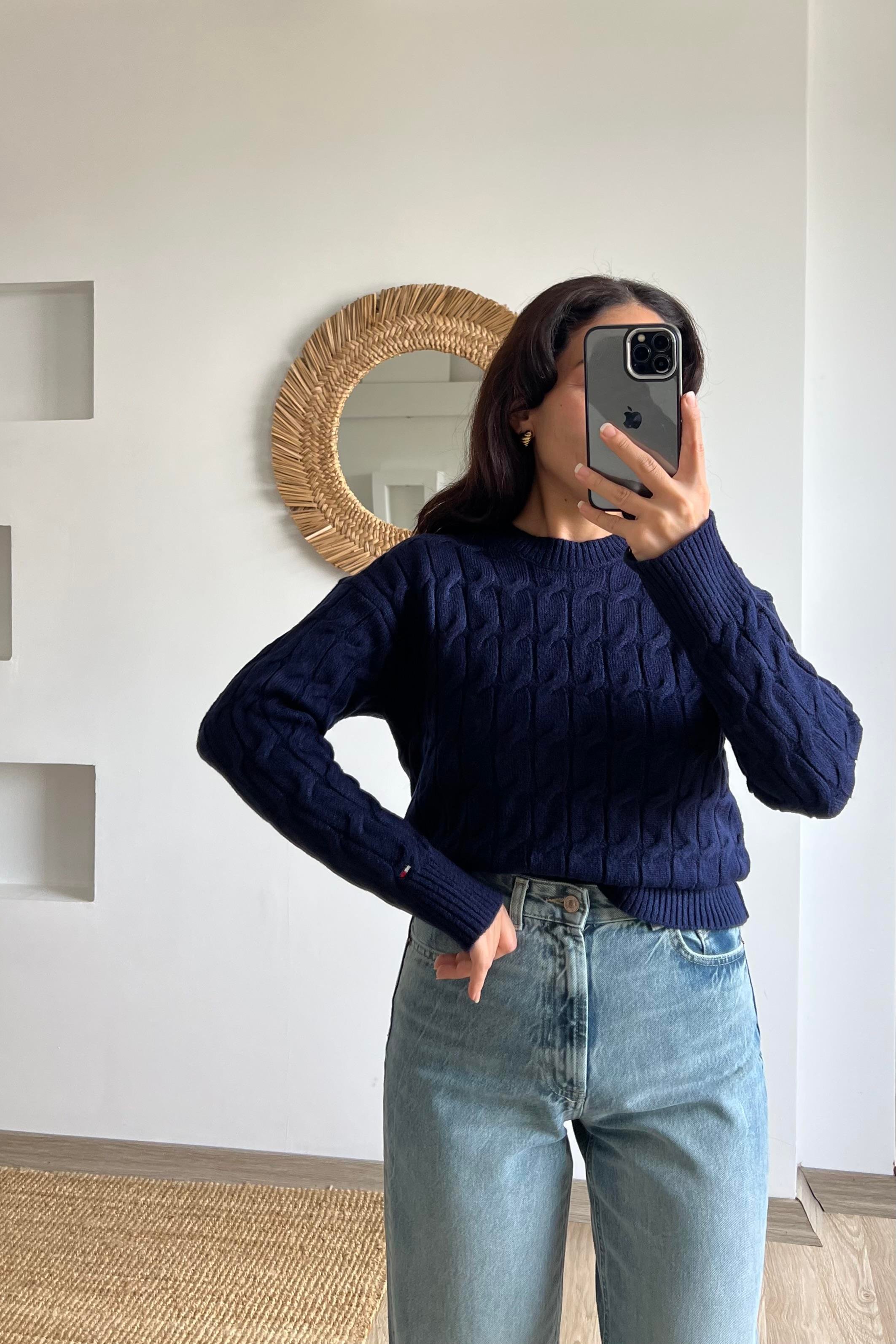 TH Lacivert Saç Örgülü Yumuşak Dokulu Kazak  uygun fiyatlarda www.butikhola.com adresinde