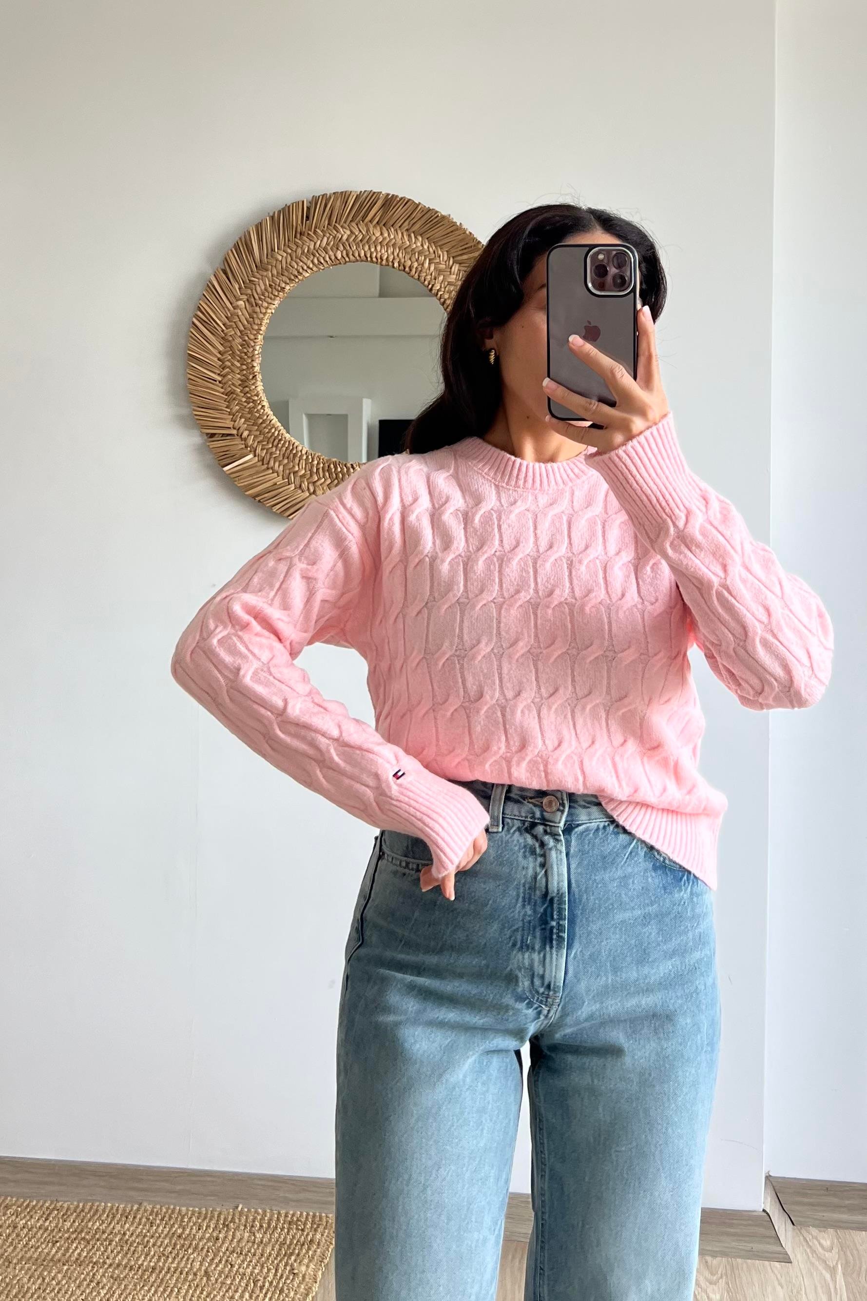 TH Pembe Saç Örgülü Yumuşak Dokulu Kazak  uygun fiyatlarda www.butikhola.com adresinde