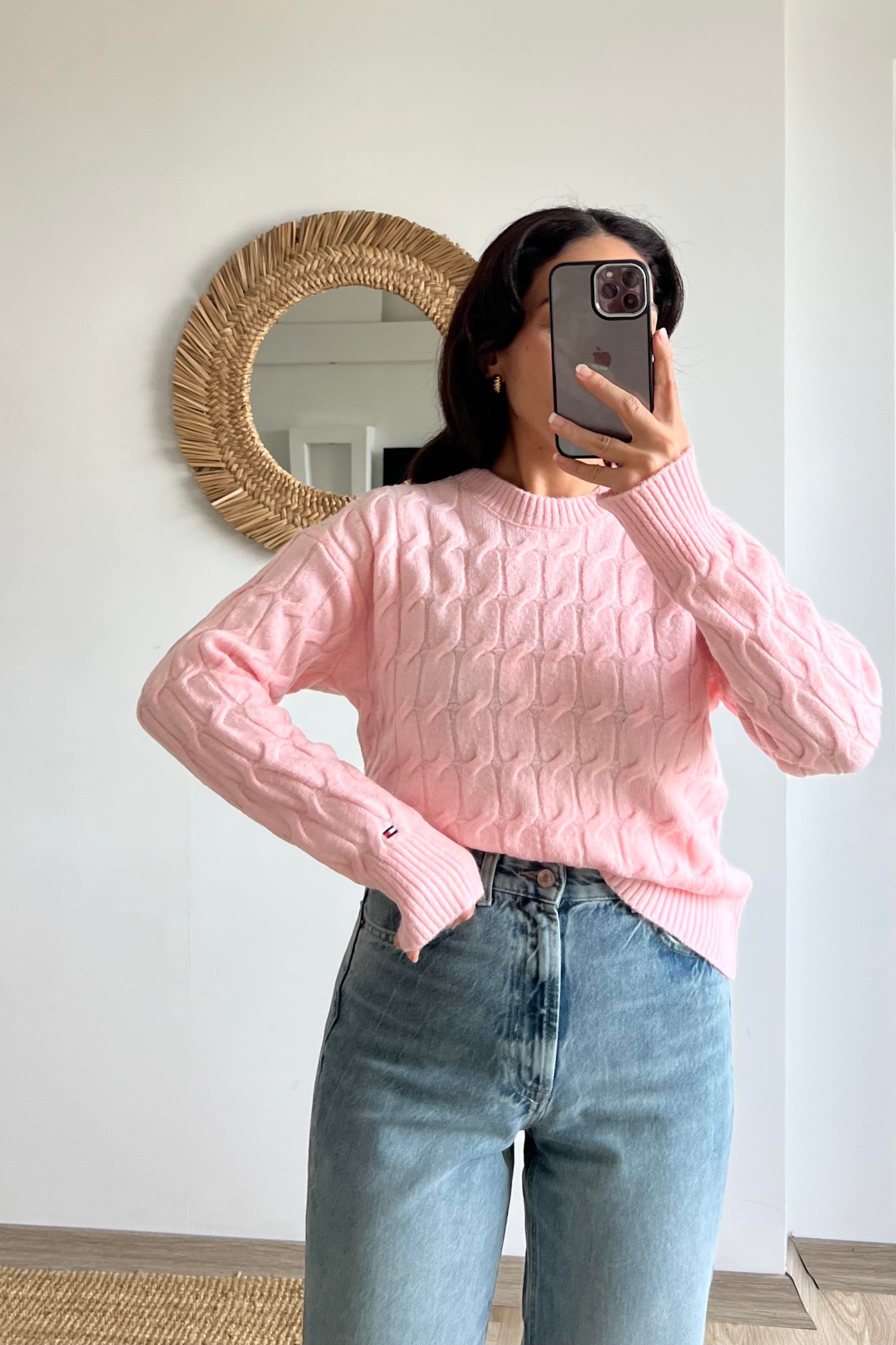 TH Pembe Saç Örgülü Yumuşak Dokulu Kazak  uygun fiyatlarda www.butikhola.com adresinde
