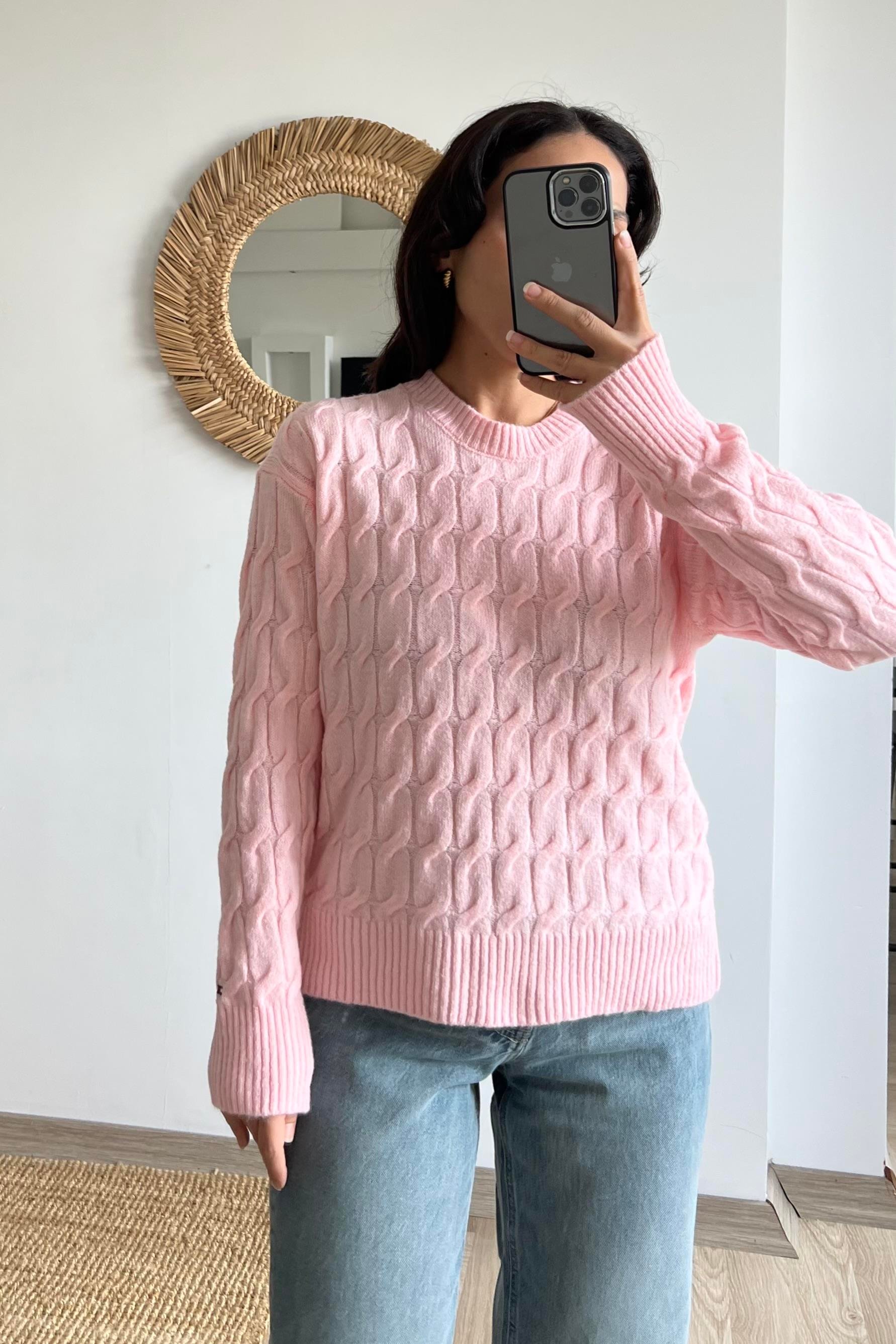 TH Pembe Saç Örgülü Yumuşak Dokulu Kazak  uygun fiyatlarda www.butikhola.com adresinde