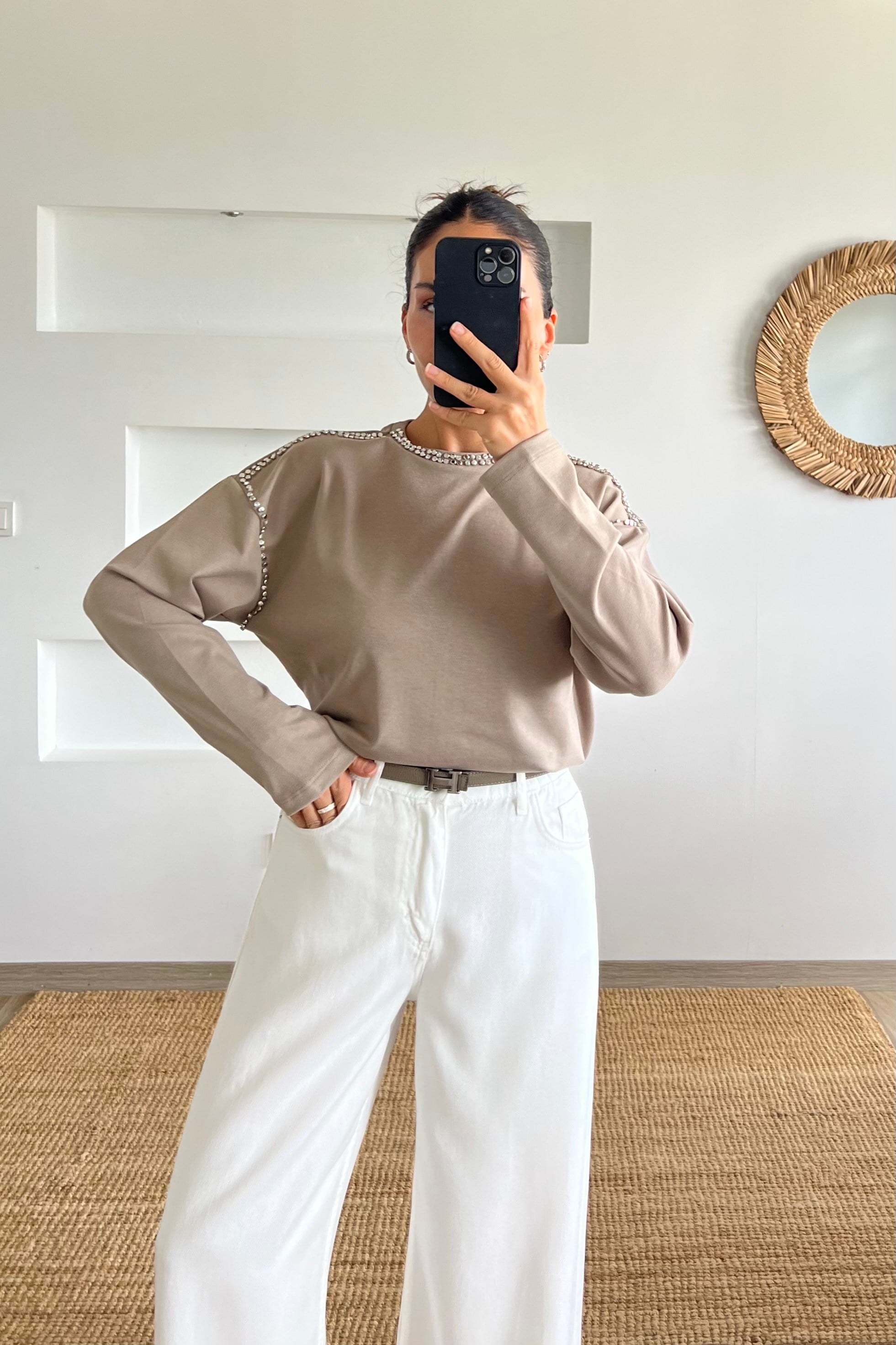 Vizon Yumuşak Dokulu Taş Çakımlı Sweat uygun fiyatlarda www.butikhola.com adresinde